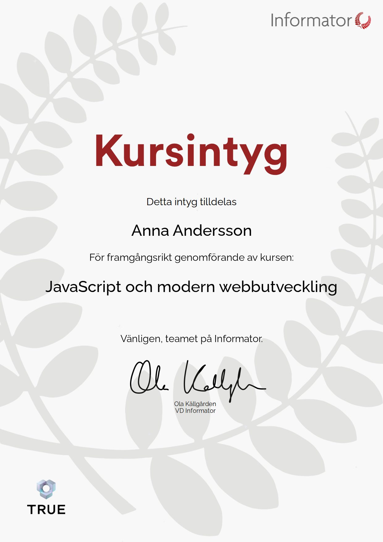 Exempel: diplom för JavaScript och modern webbutveckling från Informator Utbildning