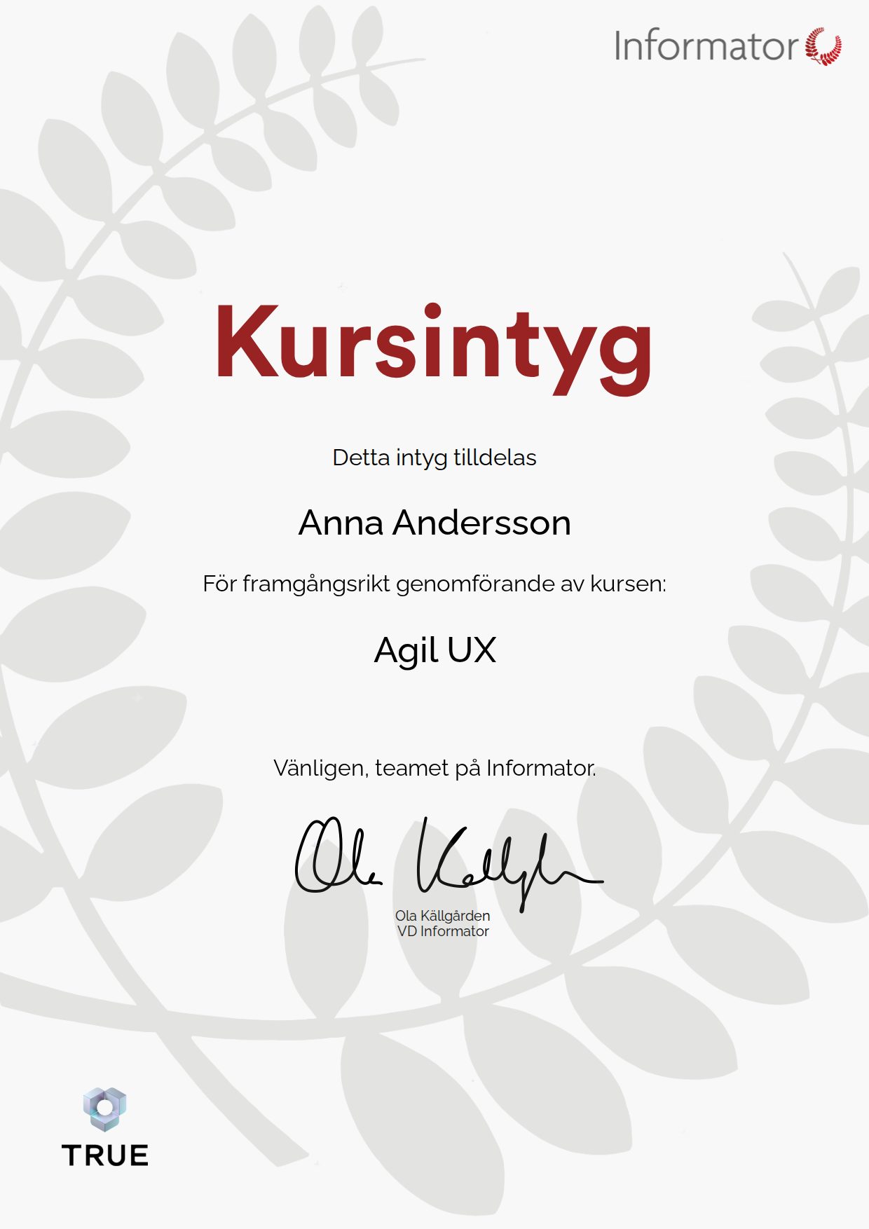 Exempel: diplom för Agil UX från Informator Utbildning