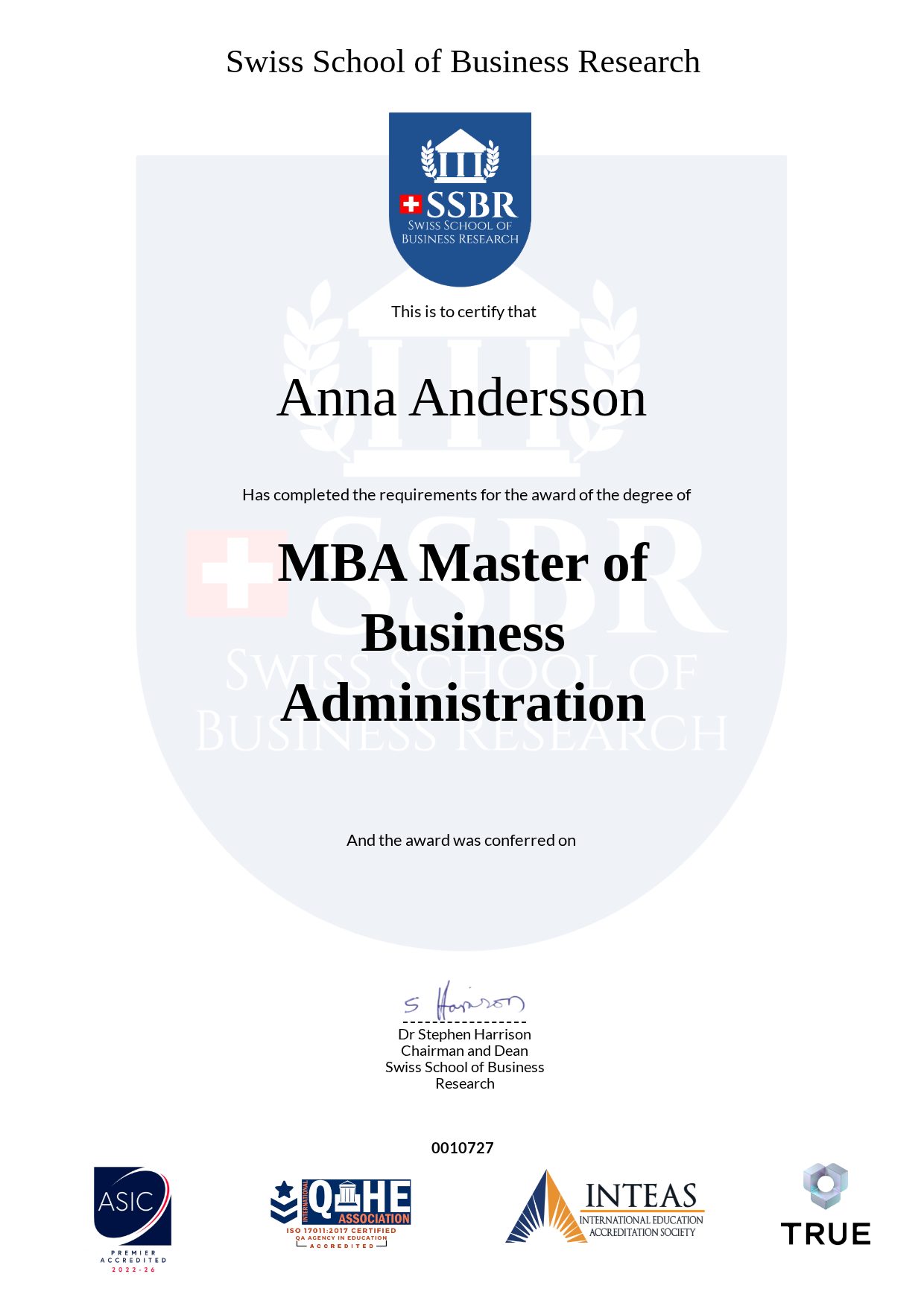 Example certificate for MBA Master of Business Administration from SSBR - Swiss School of Business Research