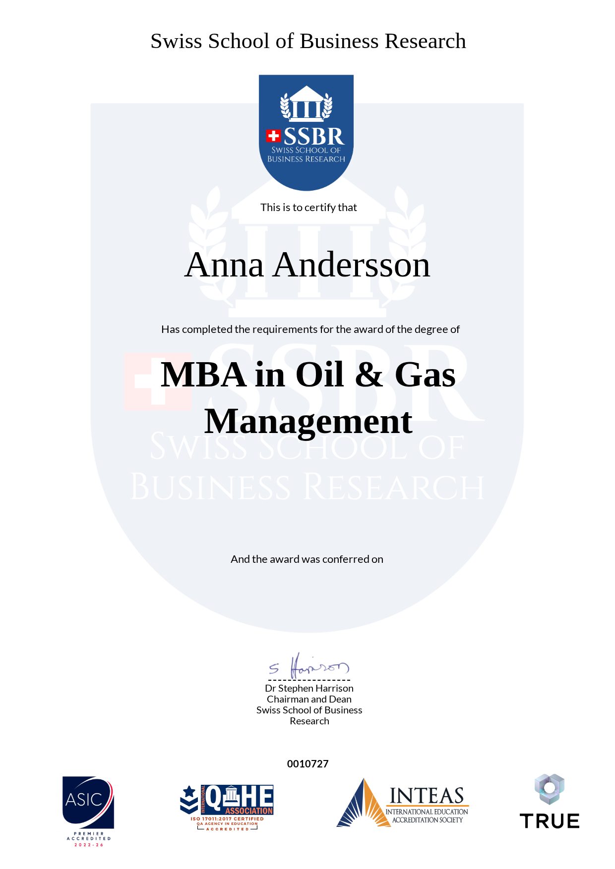 Example certificate for MBA in Oil & Gas Management from SSBR - Swiss School of Business Research
