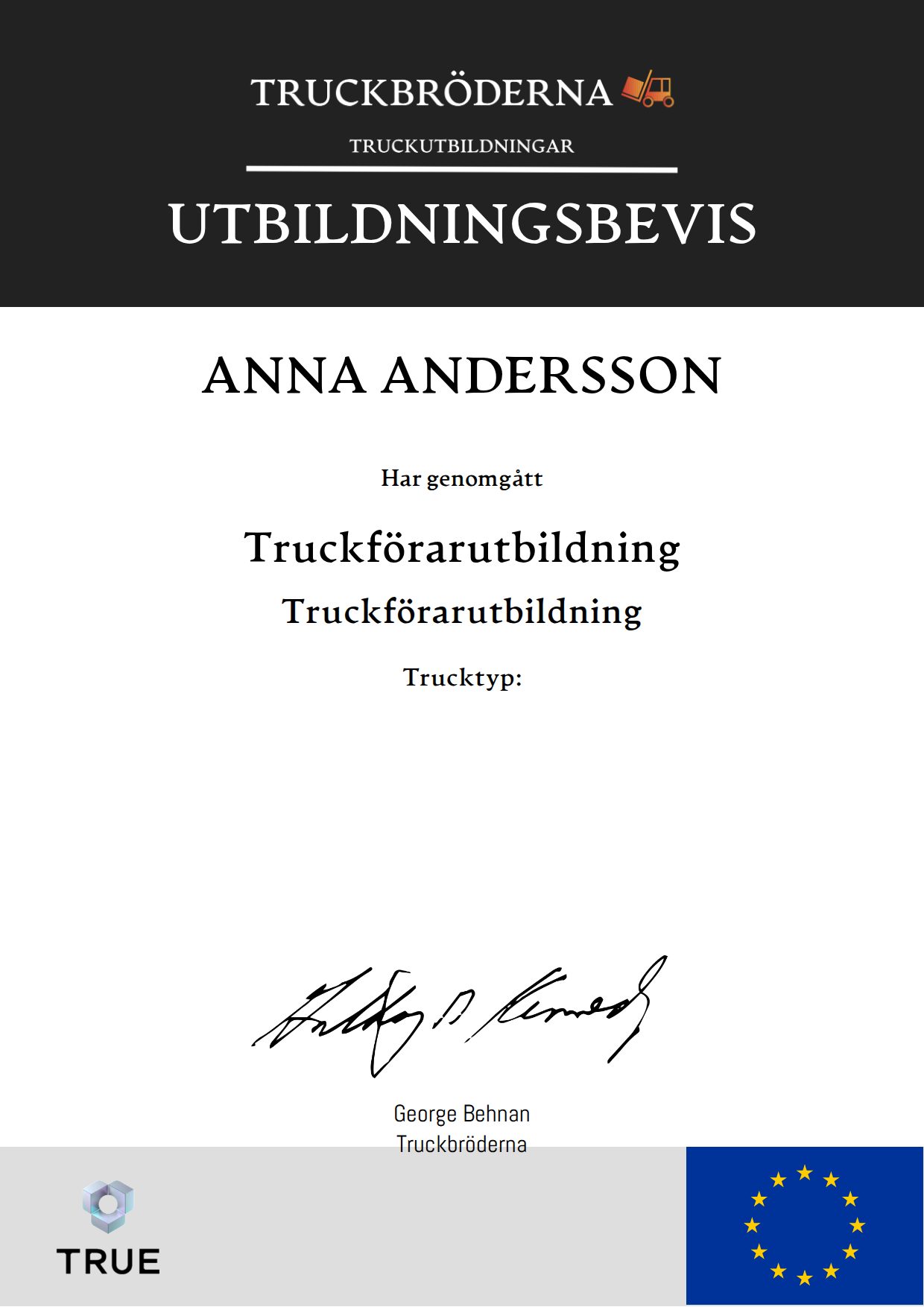 Exempel: diplom för Truckförarutbildning från Truckbröderna - Gmbtruck