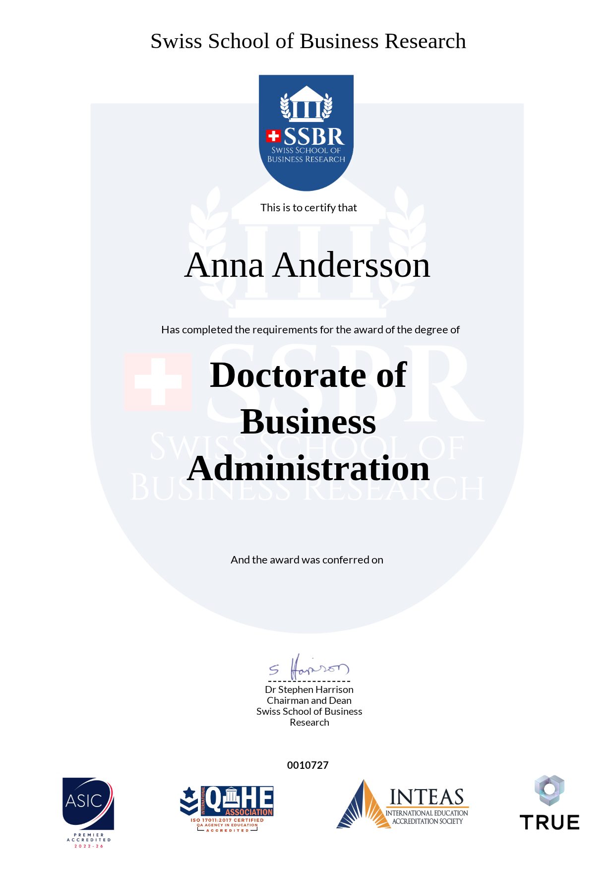 Example certificate for Doctorate of Business Administration from SSBR - Swiss School of Business Research