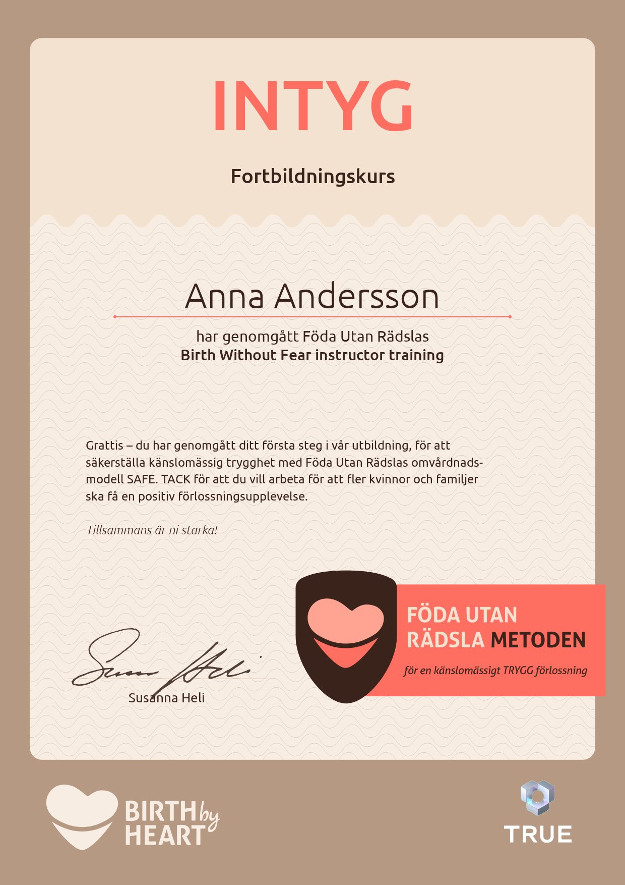 Exempel: kursintyg från Birth By Heart, med platshållarnamn