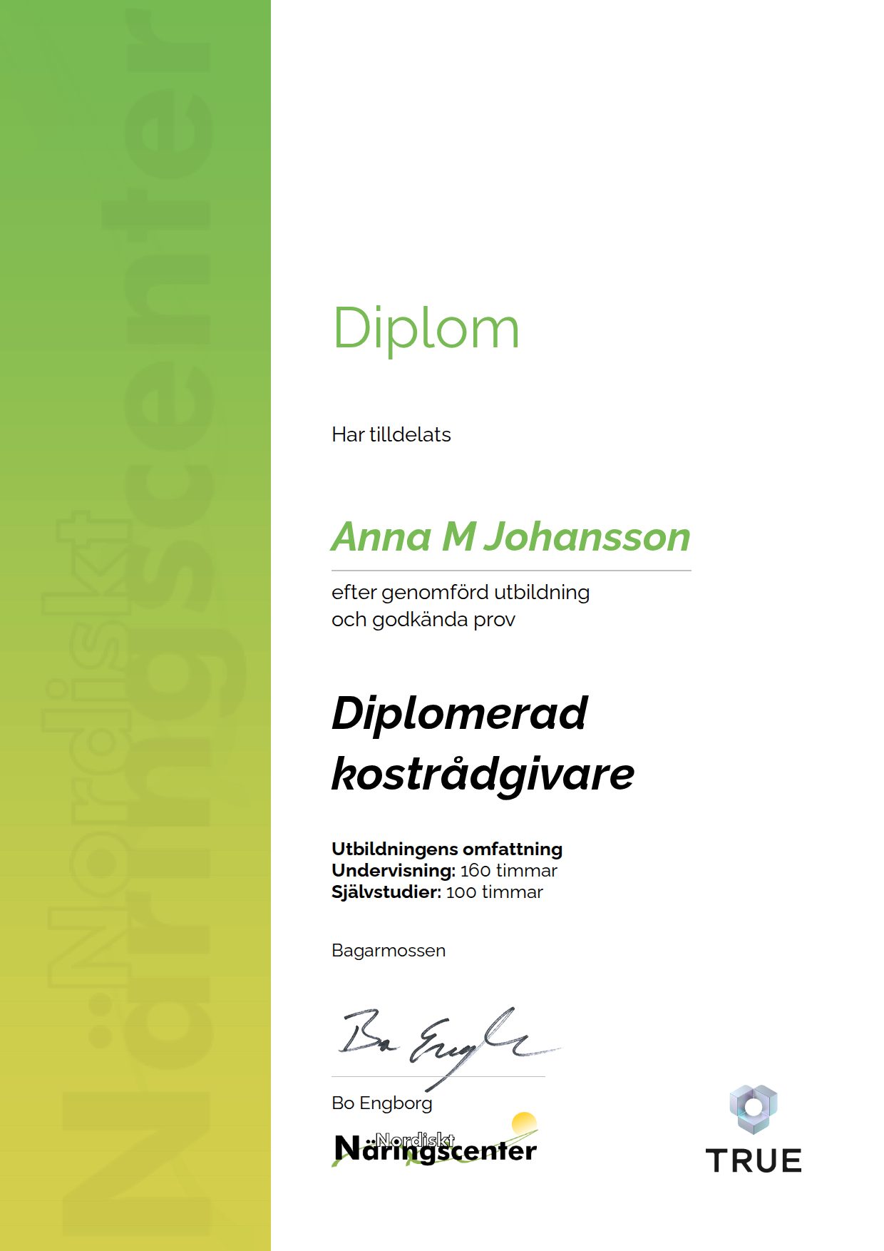 Exempel: diplom för Diplomerad kostrådgivare från Nordiskt Näringscenter