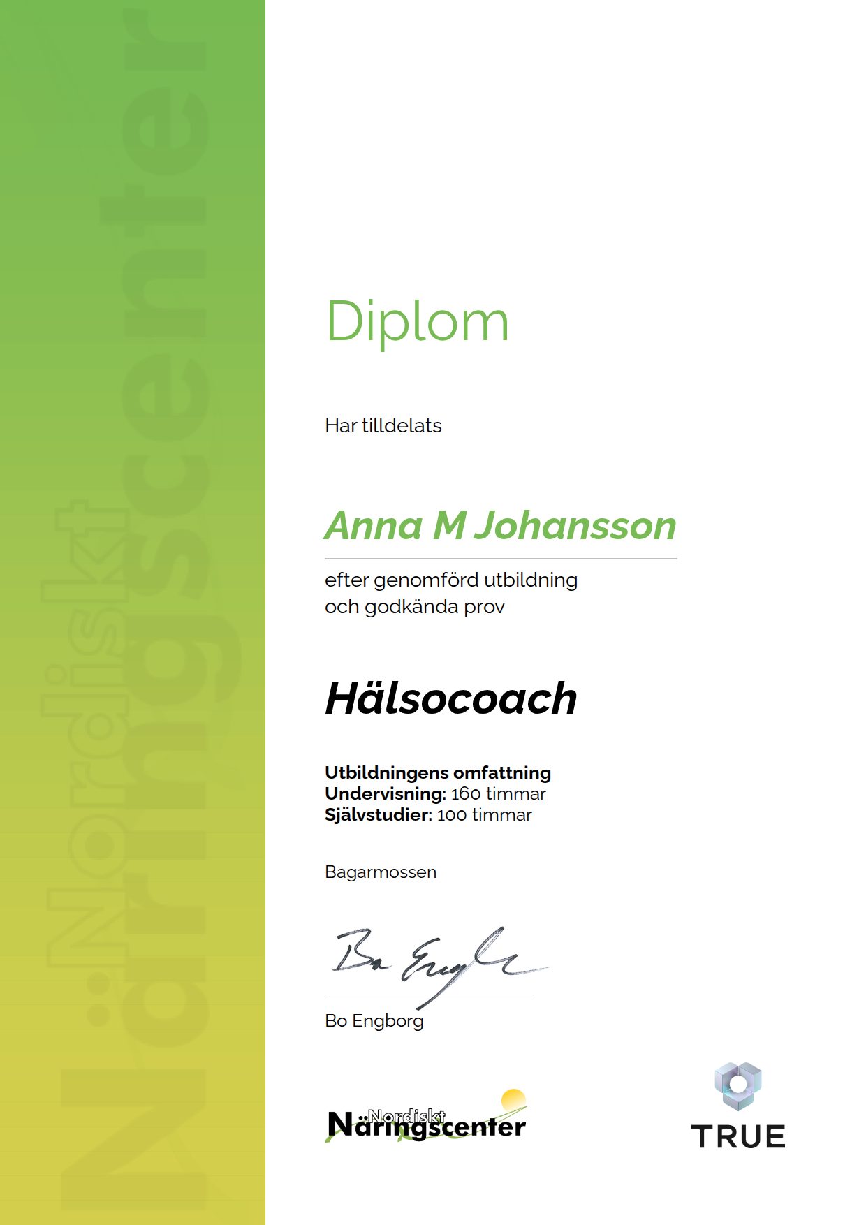 Example certificate for Health Coach from Nordiskt Näringscenter