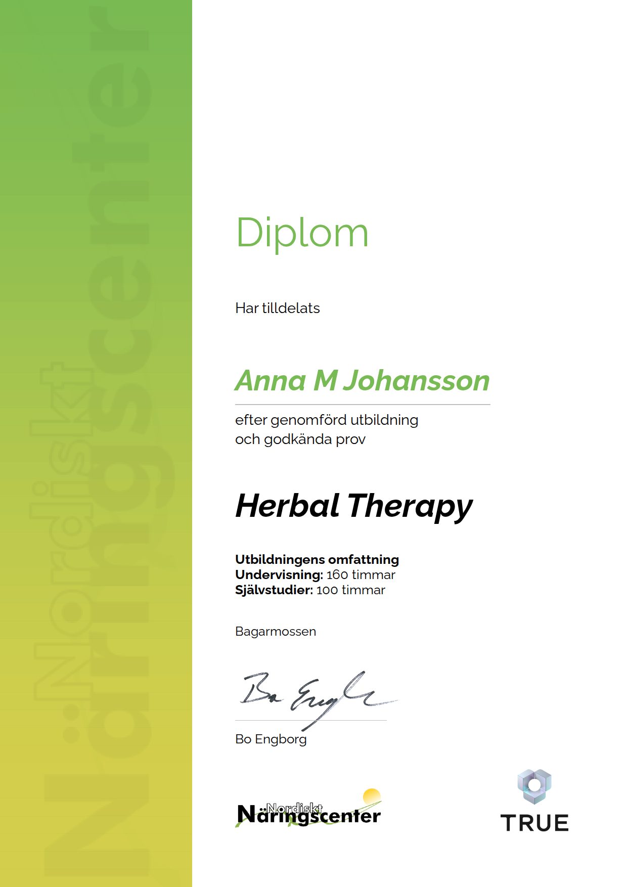 Example certificate for Herbal Therapy from Nordiskt Näringscenter