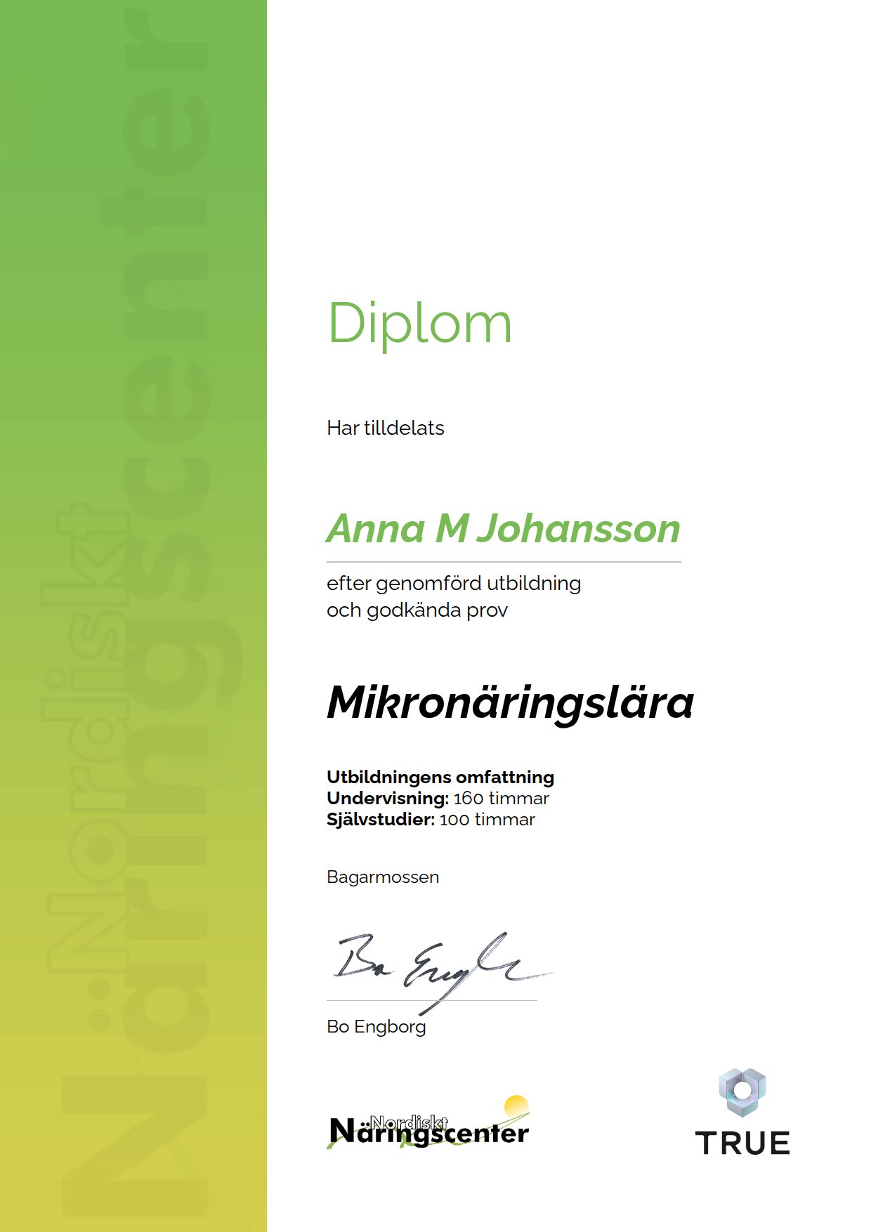 Exempel: diplom för Mikronäringslära från Nordiskt Näringscenter