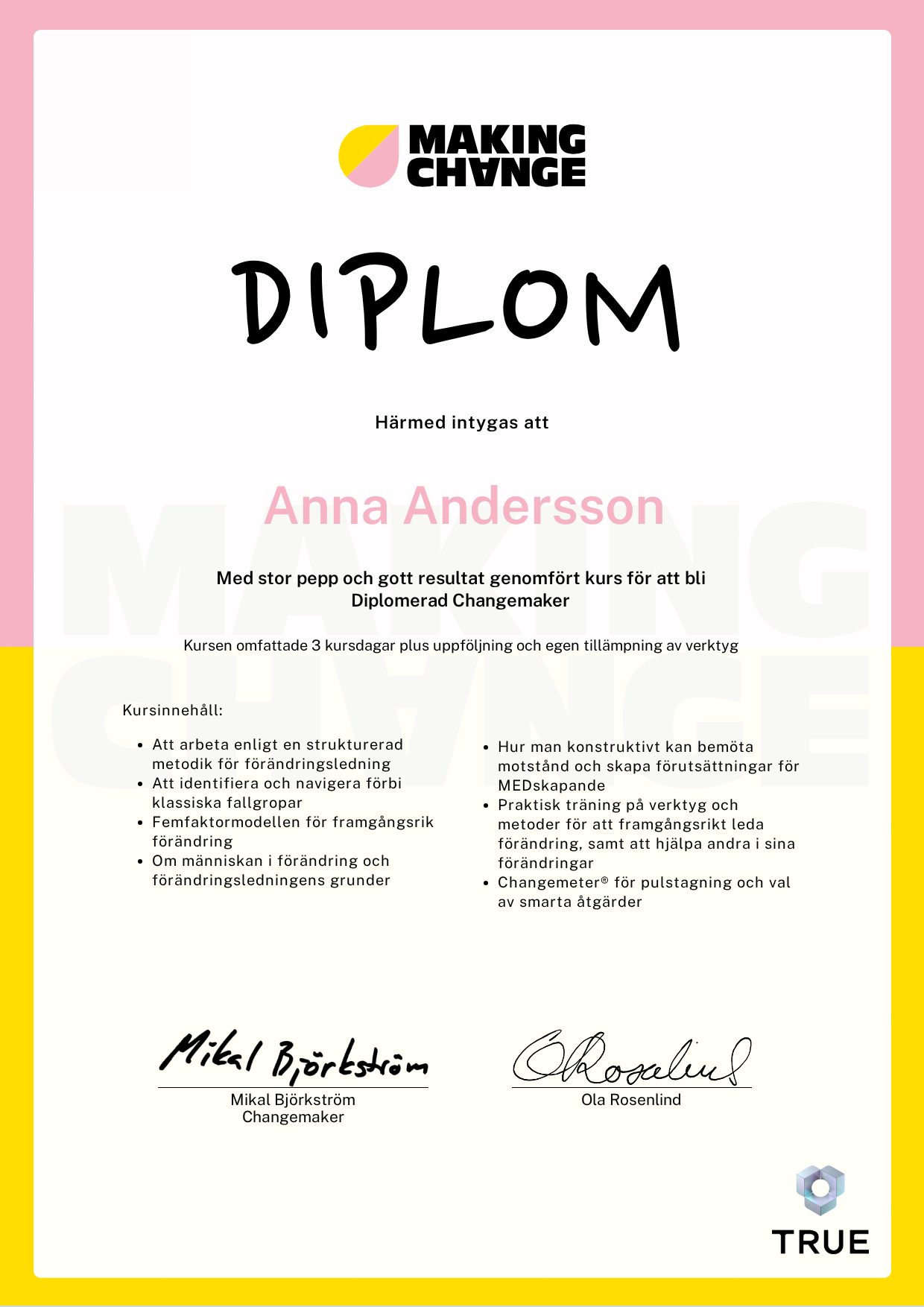 Example certificate for Certified Changemaker from Making Change Sweden