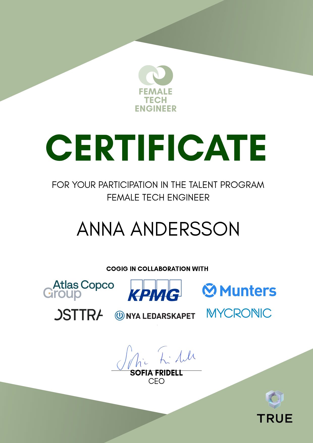 Example certificate for CoGigs Talent Programme from CoGig AB