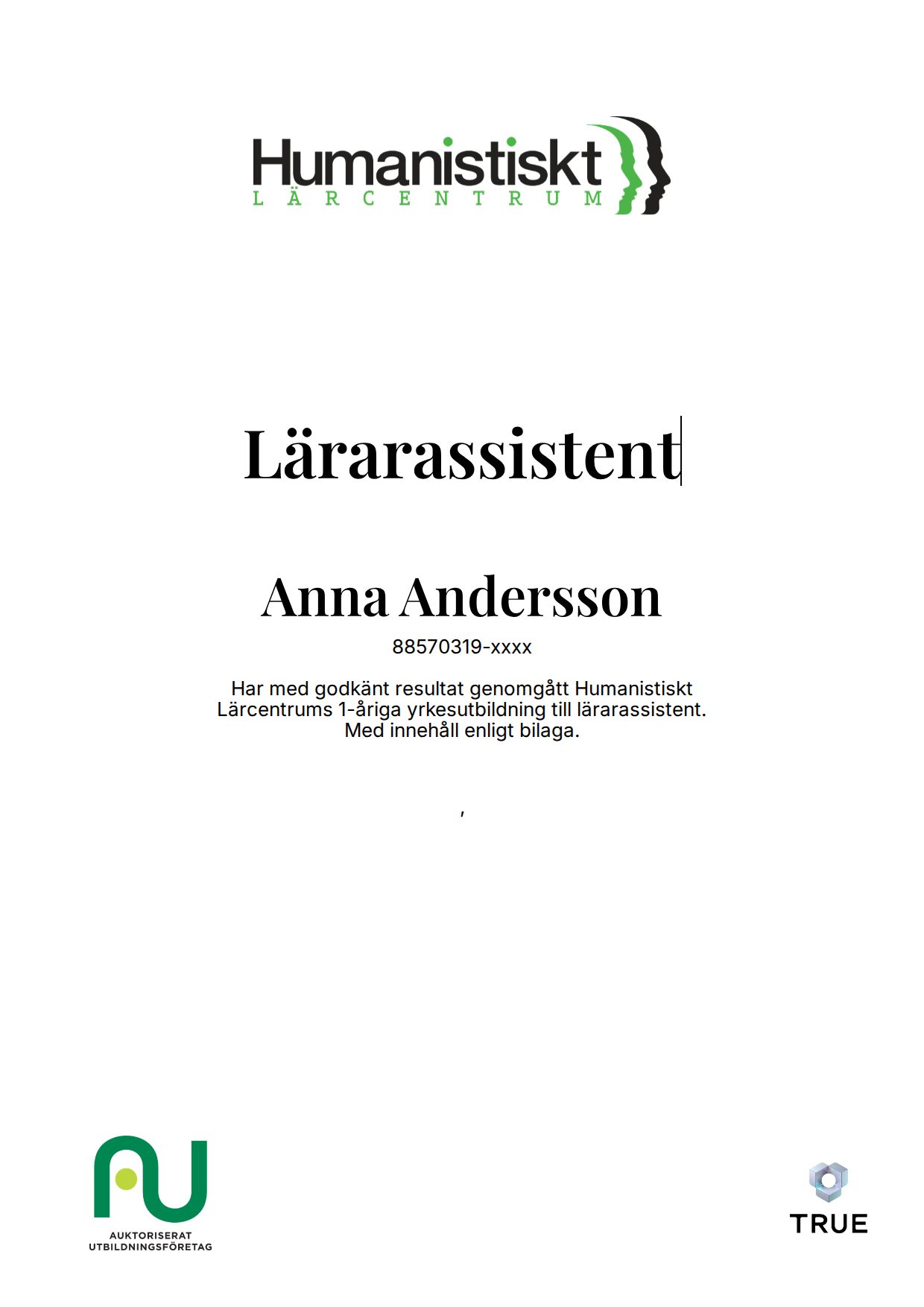 Exempel: diplom för Lärarassistent från Humanistiskt Lärocentrum -Humanistcentrum