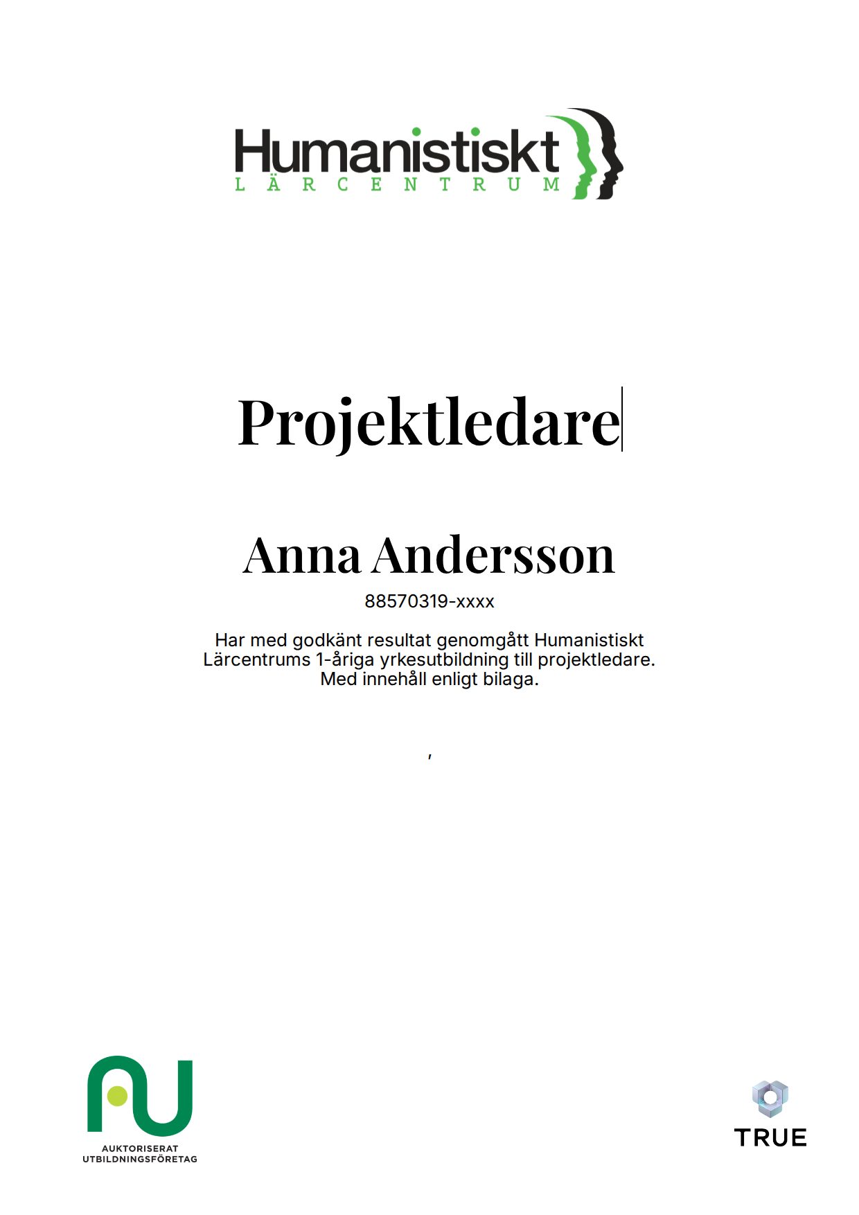 Example certificate for Projektledare from Humanistiskt Lärocentrum -Humanistcentrum