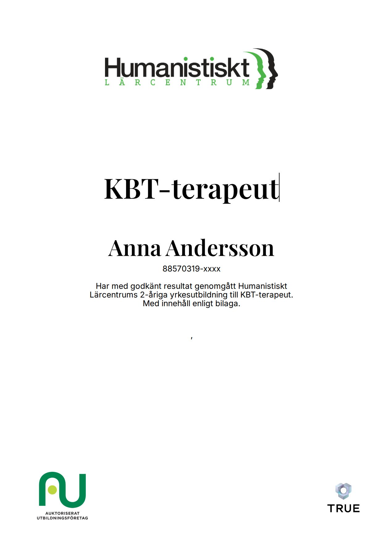 Exempel: diplom för KBT-terapeut från Humanistiskt Lärocentrum -Humanistcentrum