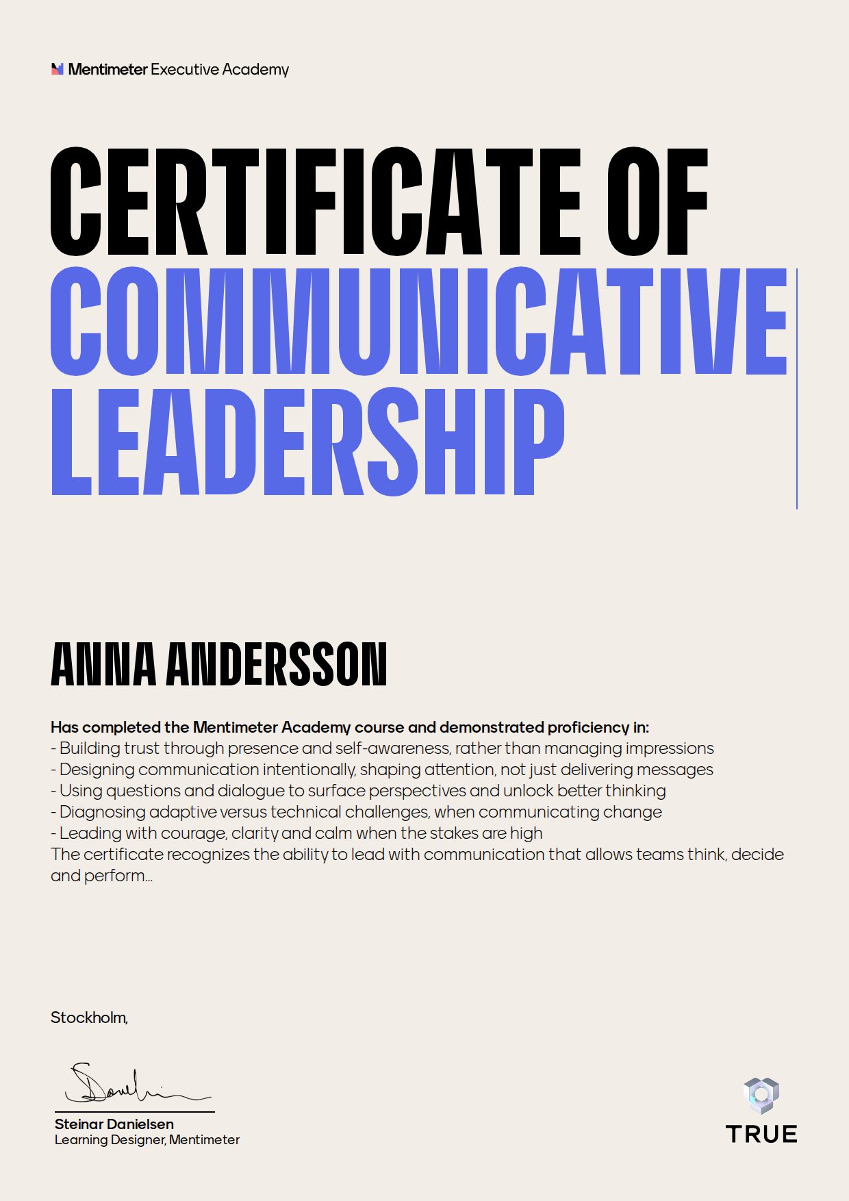 Exempel: diplom för COMMUNICATIVE LEADERSHIP från Mentimeter
