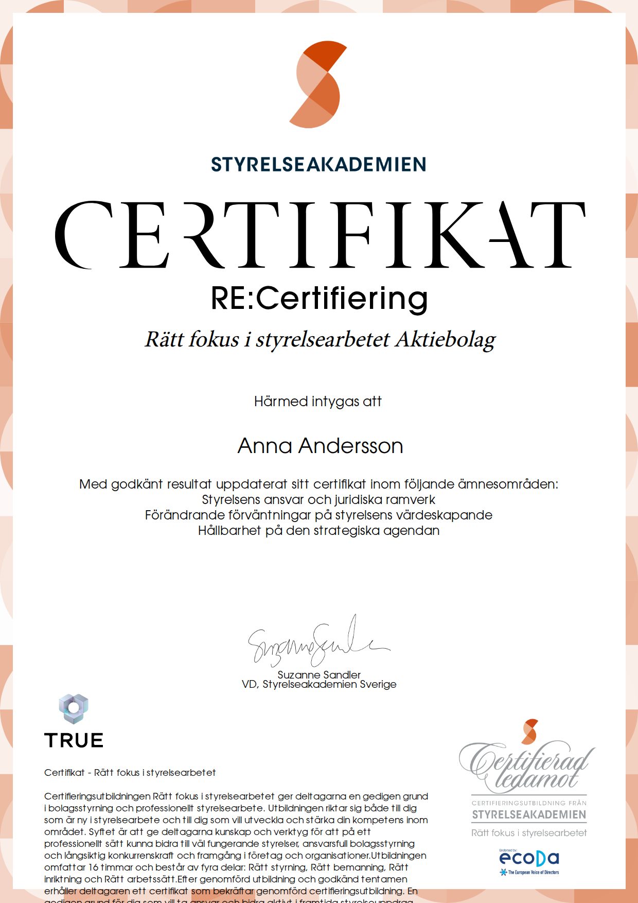 Example certificate for The Right Focus in Board Work: Limited Companies from Styrelseakademien