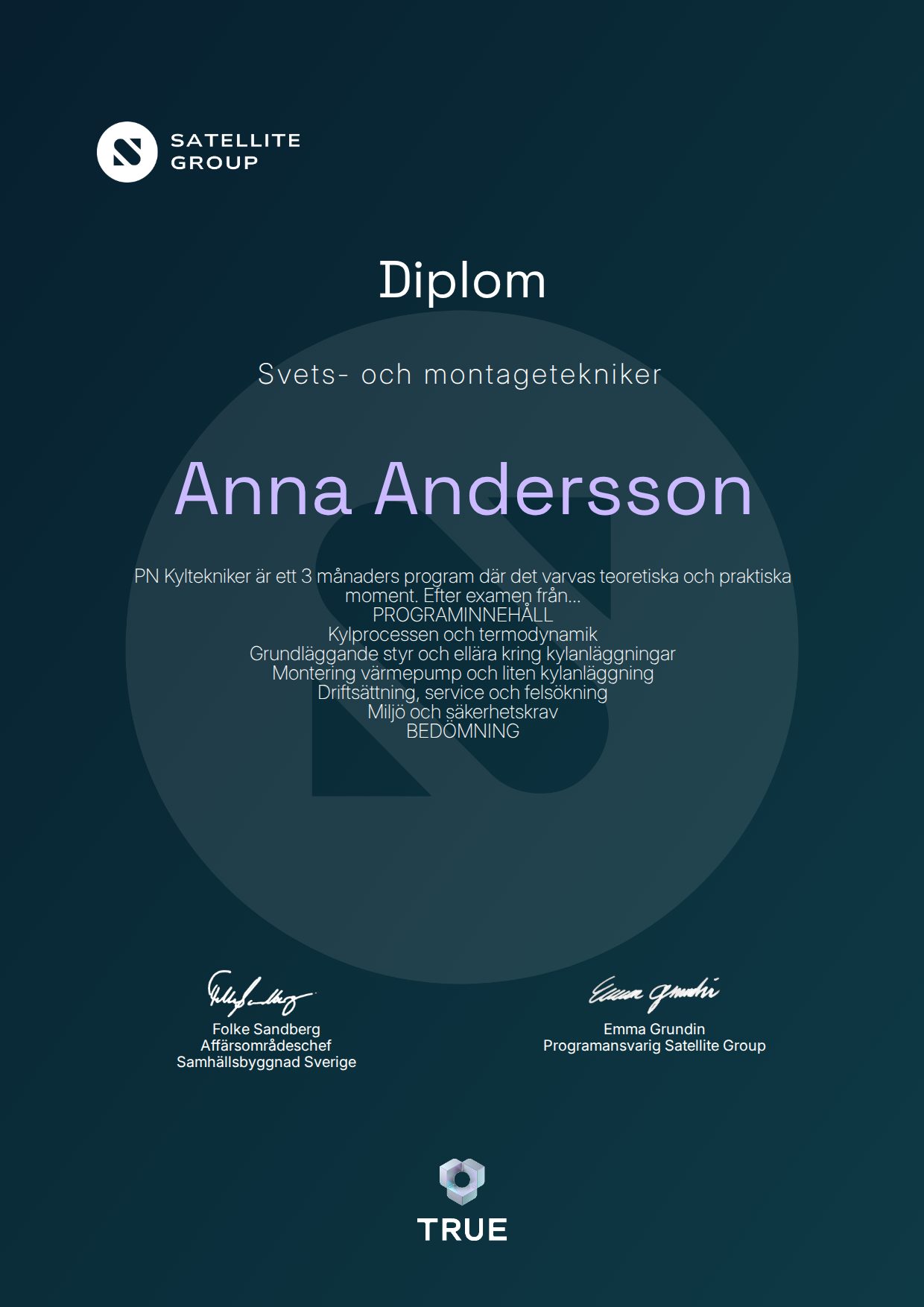 Exempel: diplom för Svets- och montagetekniker från Satellite Group / Professionals Nord