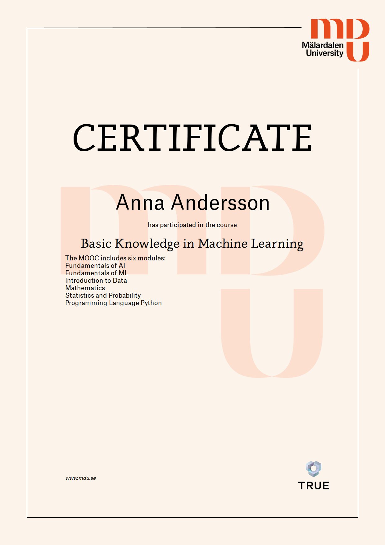 Exempel: diplom för Basic Knowledge in Machine Learning från Mälardalens universitet - MDU