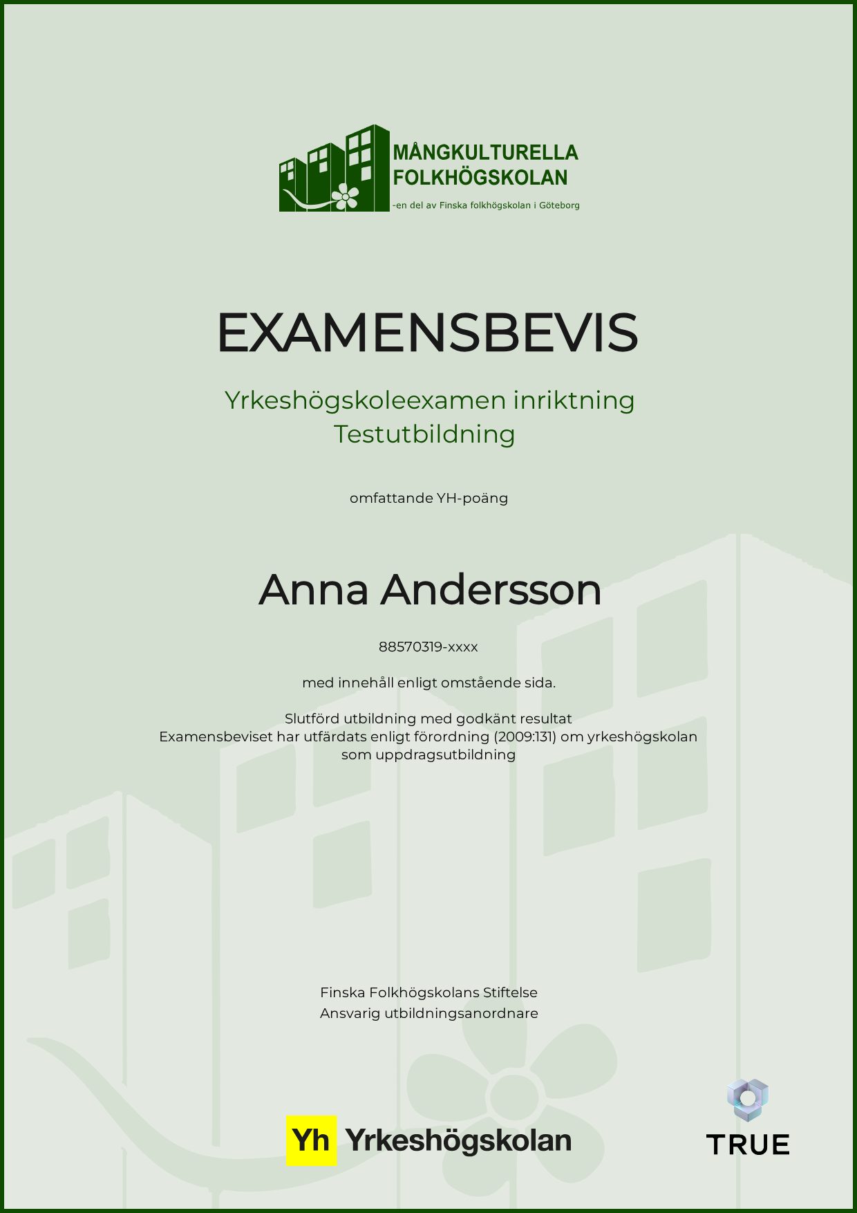 Exempel: diplom för Socialpedagog från Mångkulturella Folkhögskolan