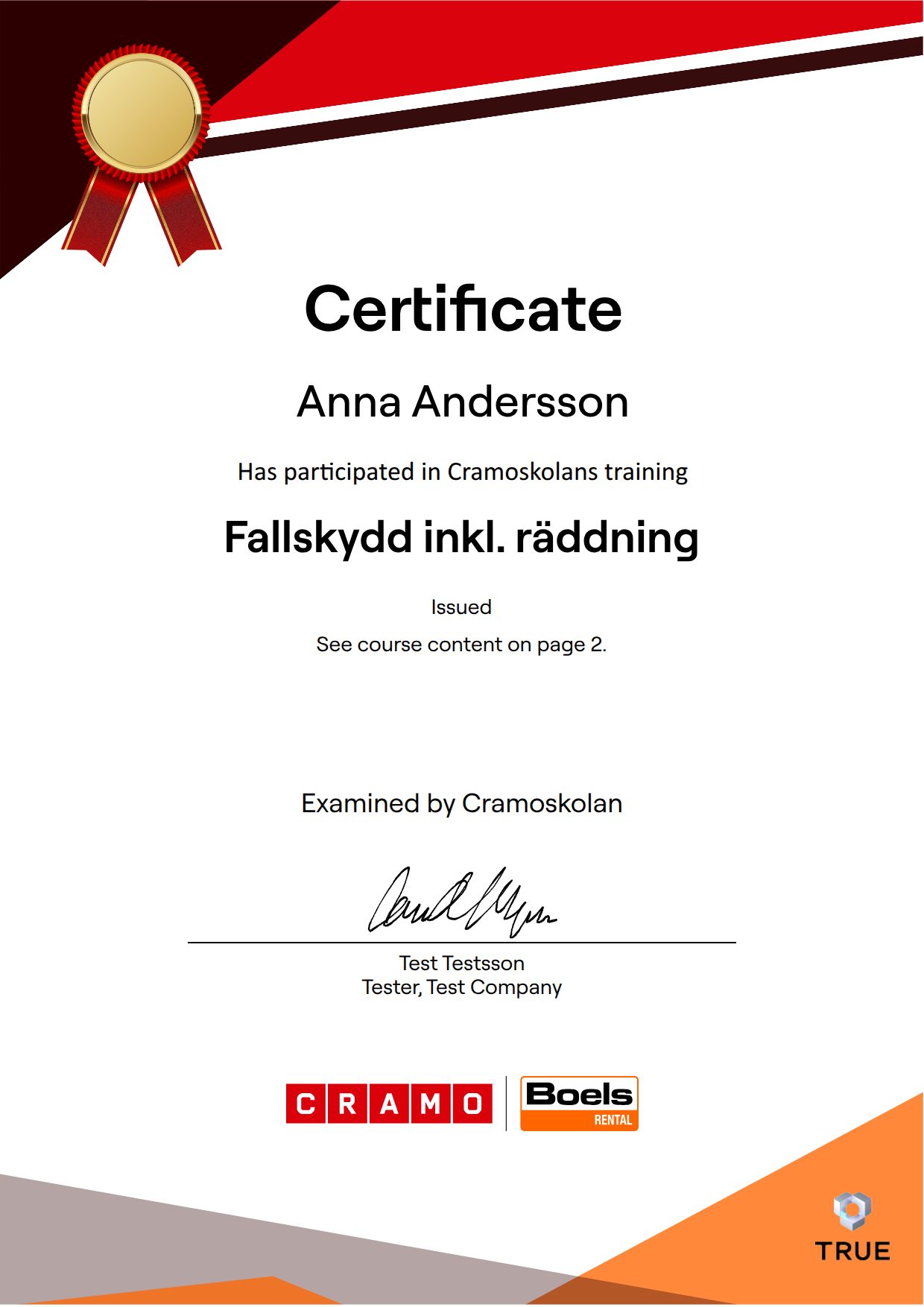 Example certificate for Fall Protection incl. Rescue from Cramo - CramoSkolan
