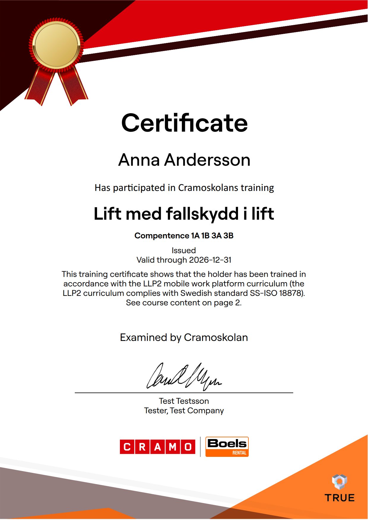 Exempel: diplom för Lift med fallskydd i lift från Cramo - CramoSkolan