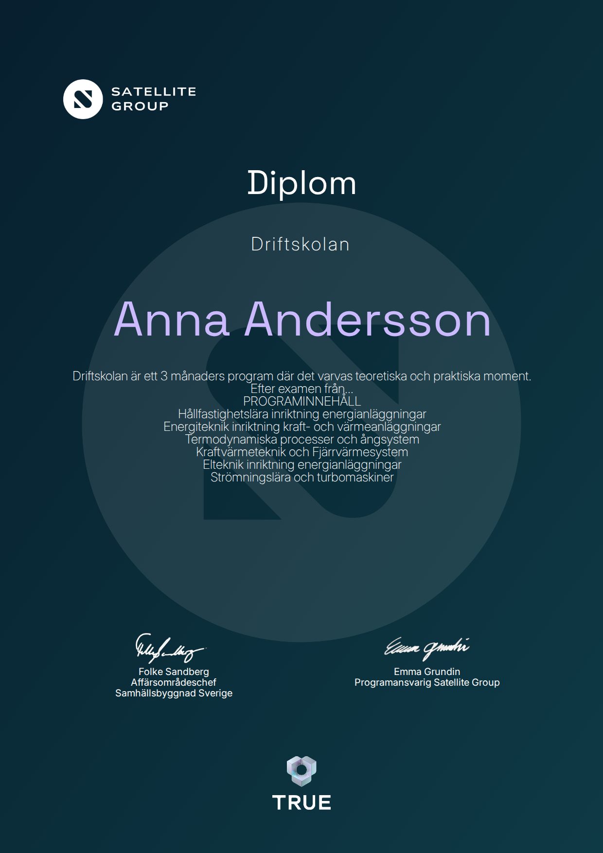 Example certificate for Driftskolan from Satellite Group / Professionals Nord
