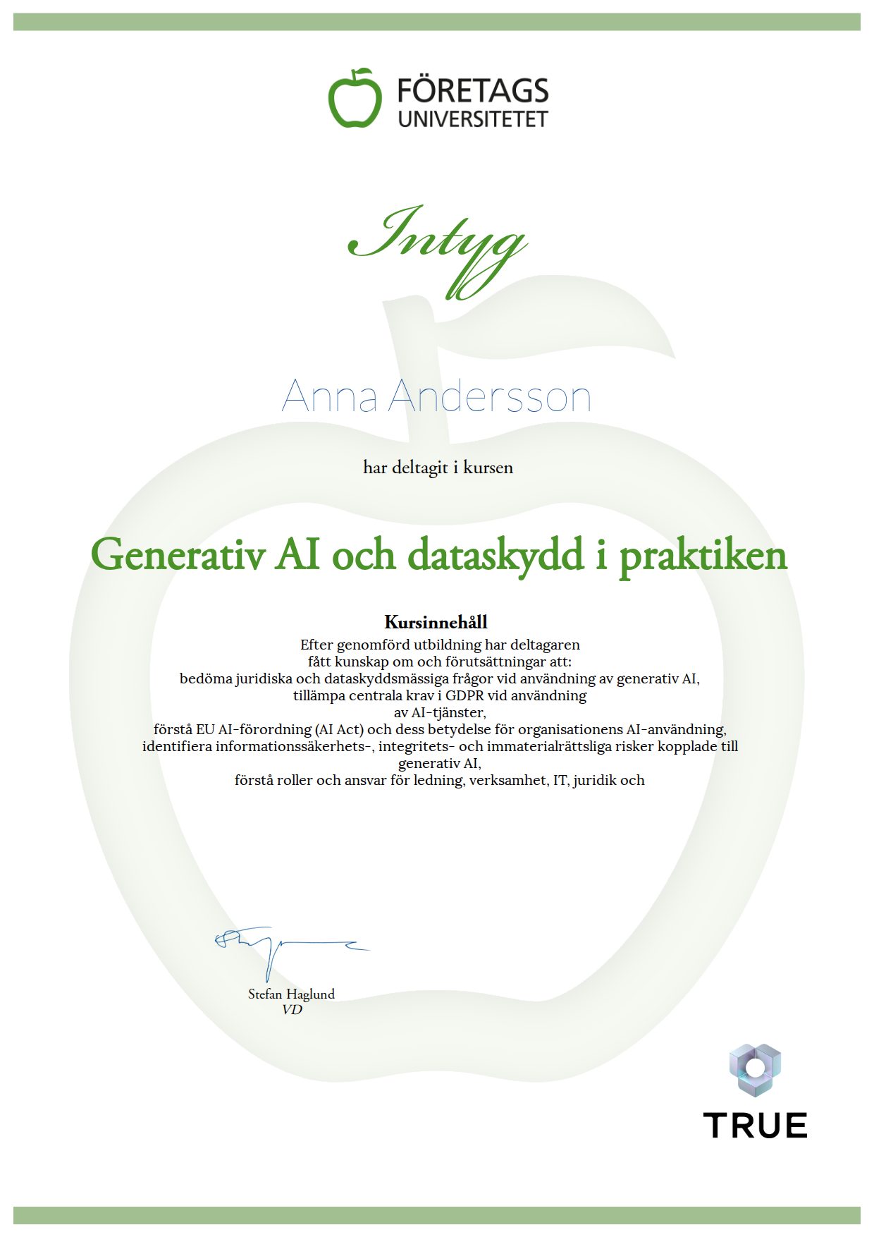 Exempel: diplom för Generativ AI och dataskydd i praktiken från Företagsuniversitetet