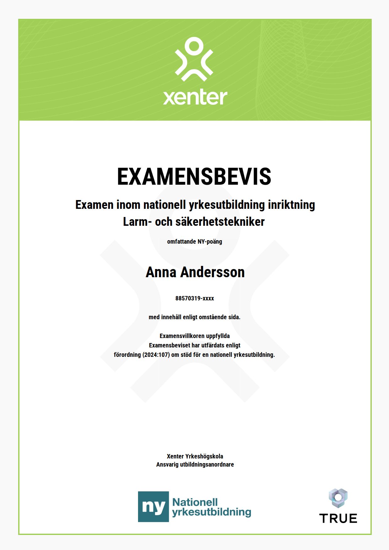 Example certificate for Alarm and Security Technician from Xenter - Botkyrka