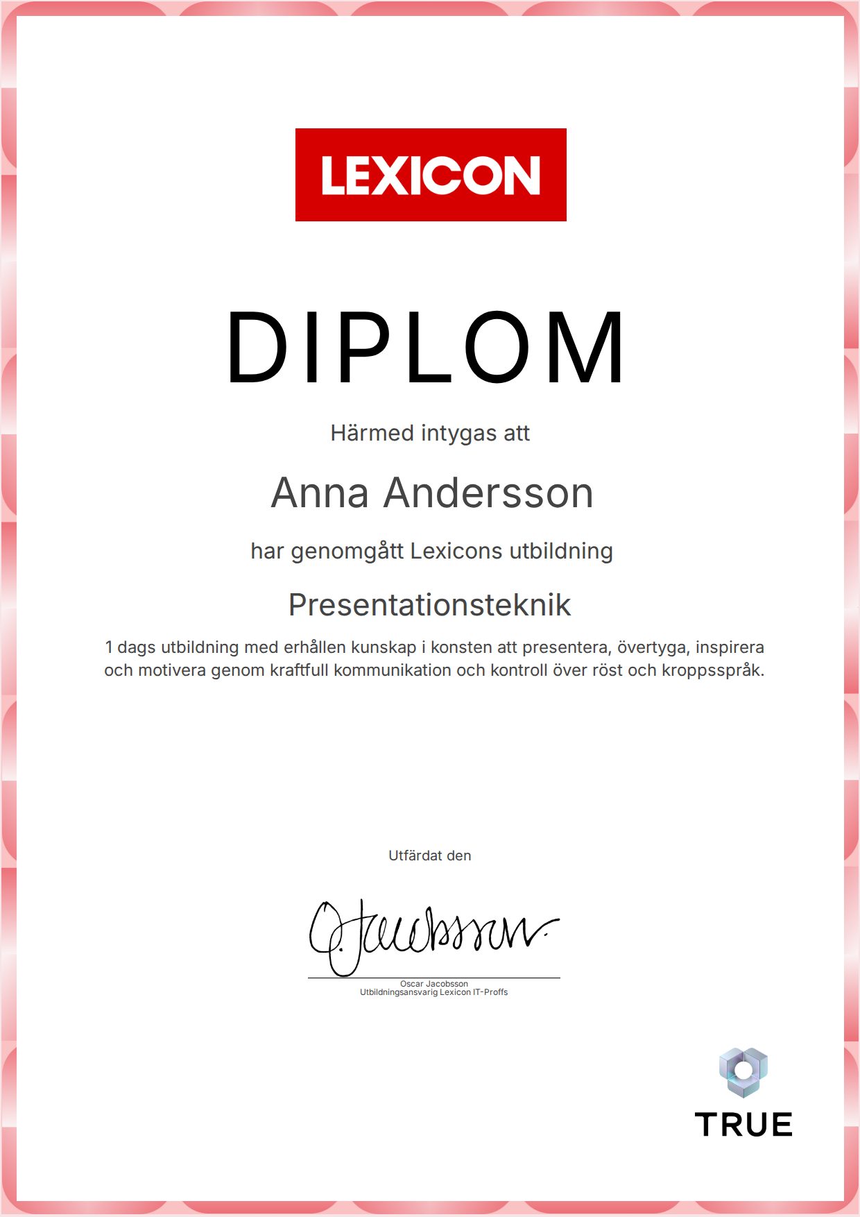 Exempel: diplom för Presentationsteknik från Lexicon IT-Proffs AB