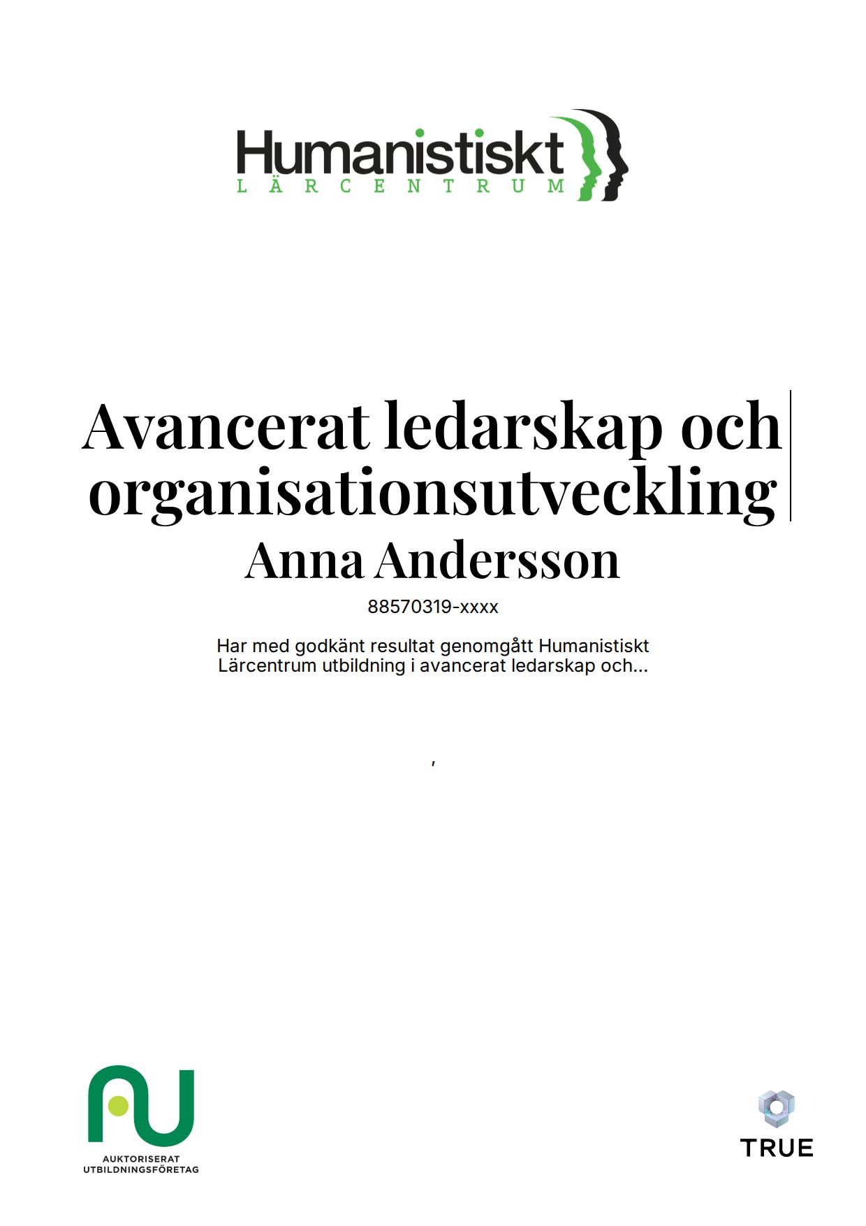 Example certificate for Advanced Leadership and Organisational Development from Humanistiskt Lärocentrum -Humanistcentrum