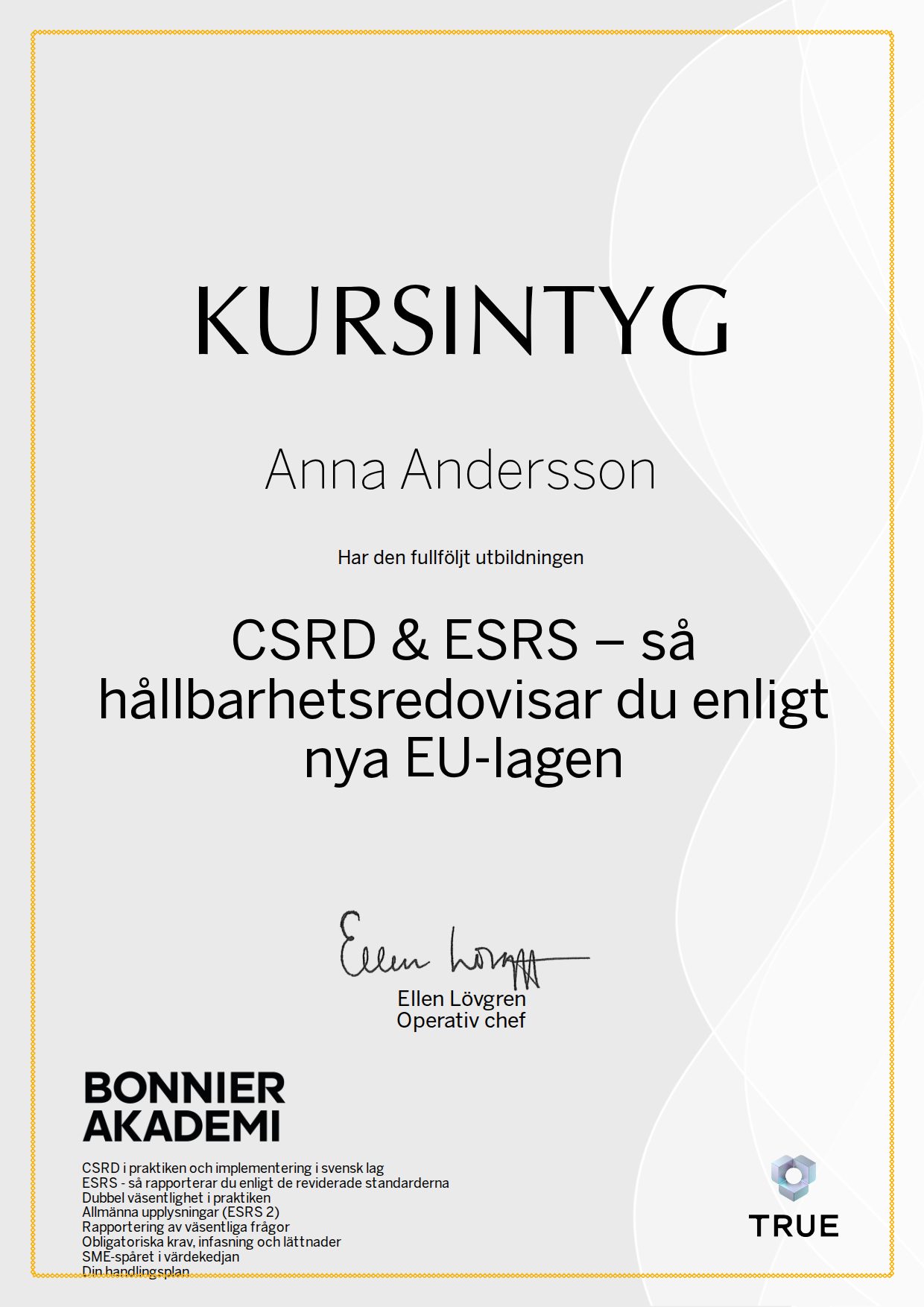 Example certificate for CSRD & ESRS: How to Report on Sustainability Under the New EU Law from Bonnier Akademi