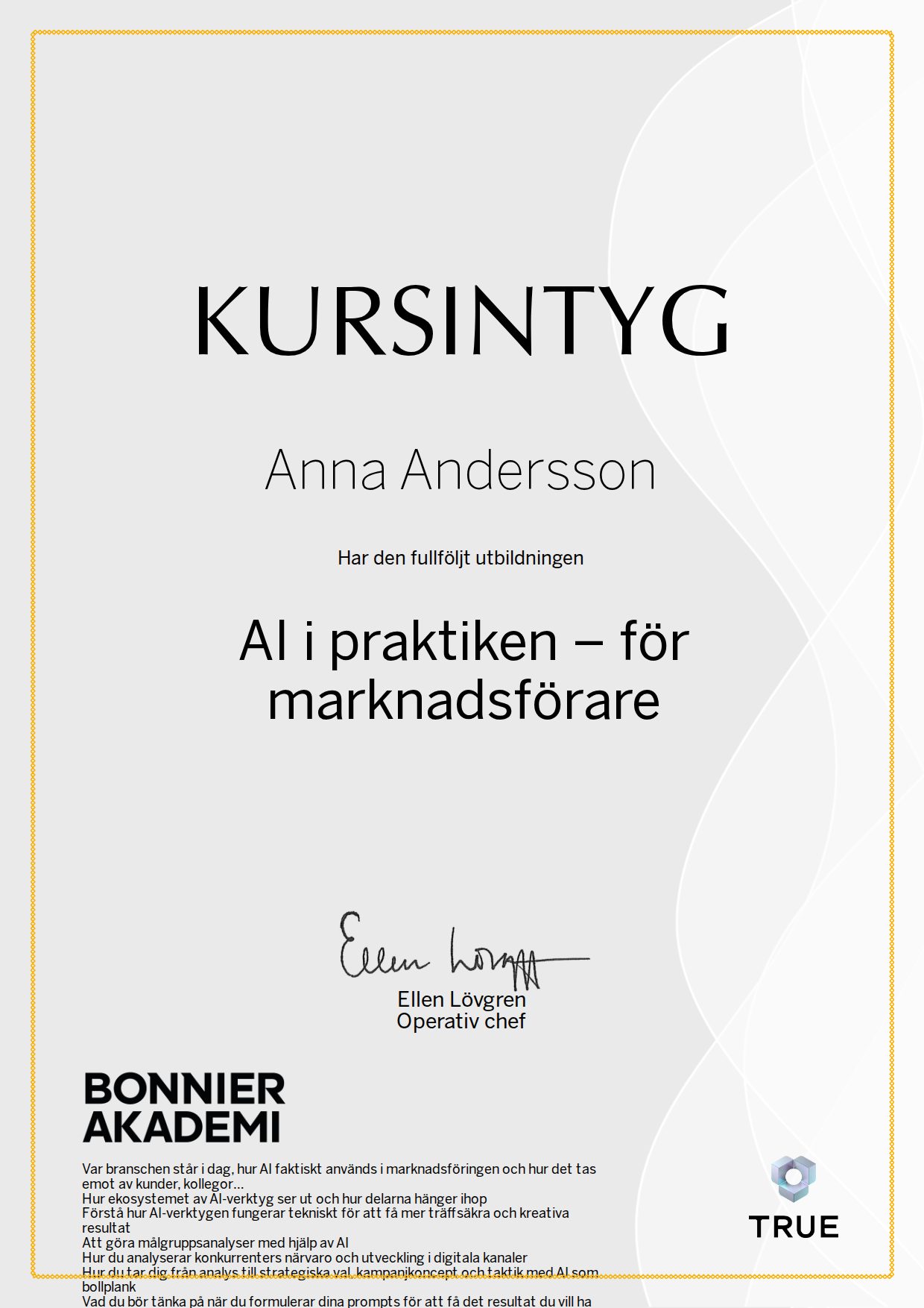 Example certificate for AI in Practice: for Marketers from Bonnier Akademi