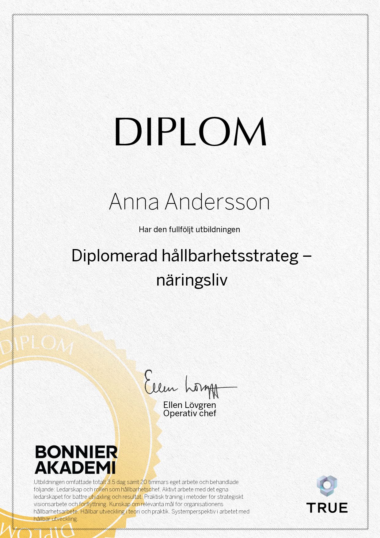 Exempel: diplom för Diplomerad hållbarhetsstrateg – näringsliv från Bonnier Akademi