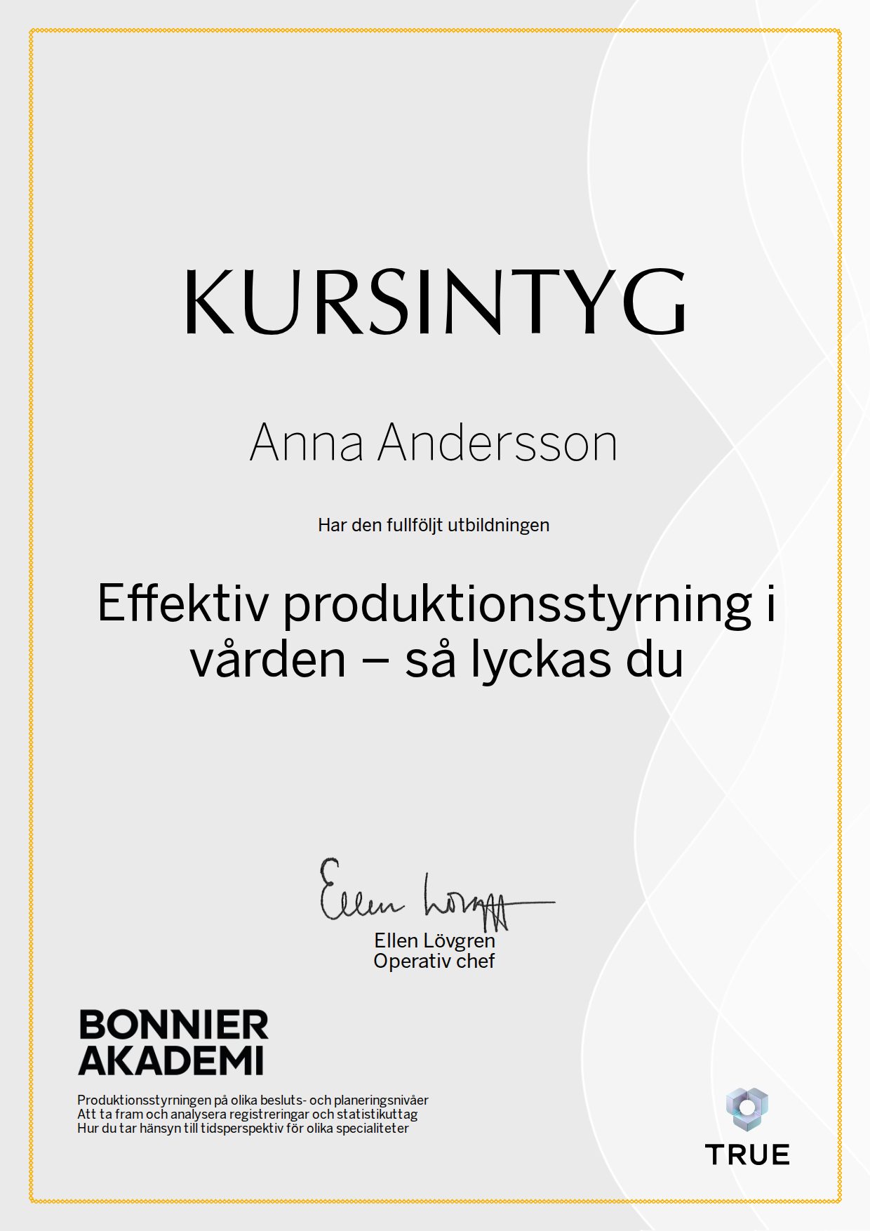 Exempel: diplom för Effektiv produktionsstyrning i vården – så lyckas du från Bonnier Akademi