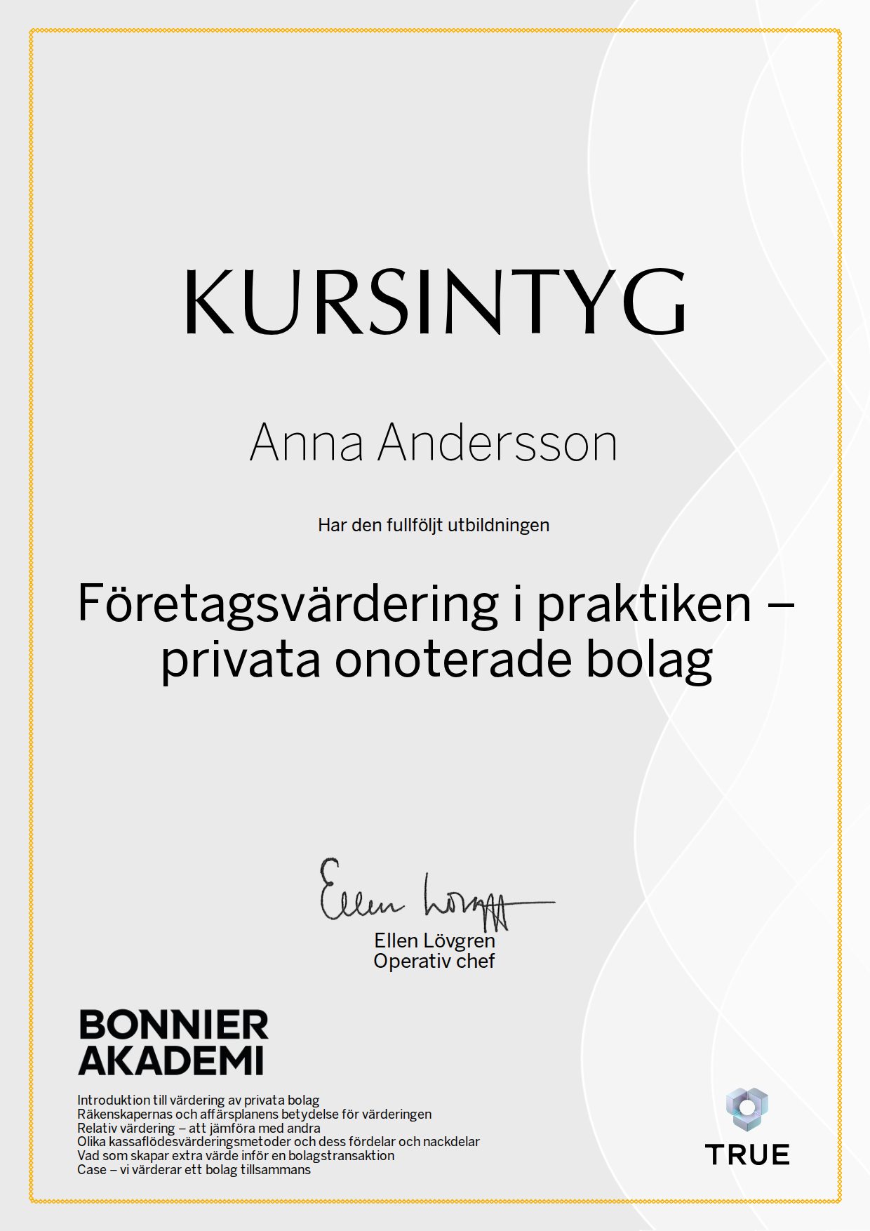 Exempel: diplom för Företagsvärdering i praktiken – privata onoterade bolag från Bonnier Akademi