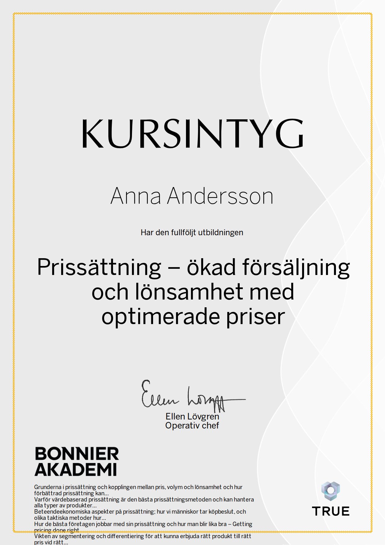 Exempel: diplom för Prissättning – ökad försäljning och lönsamhet med optimerade priser från Bonnier Akademi