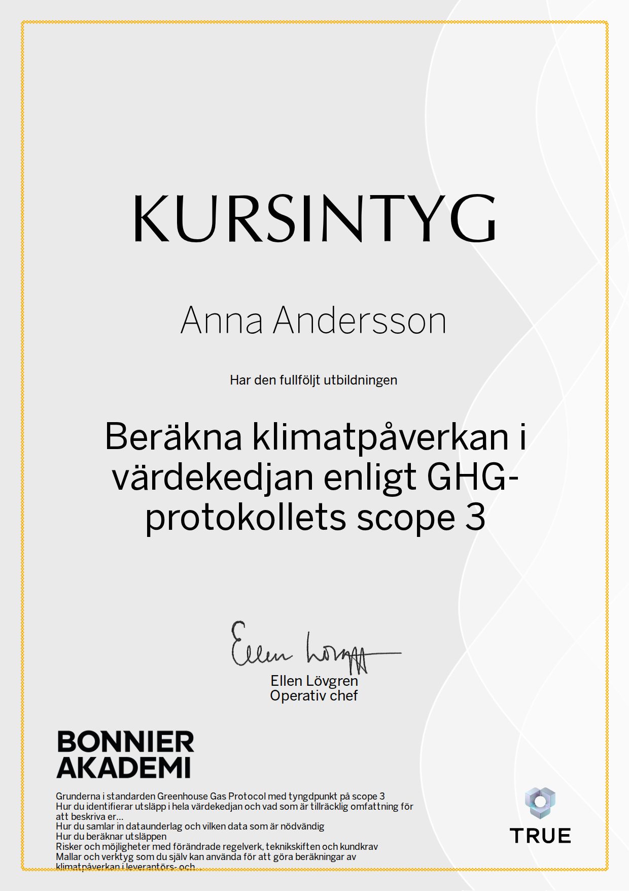 Example certificate for Calculating Climate Impact in the Value Chain According to GHG Protocol Scope 3 from Bonnier Akademi