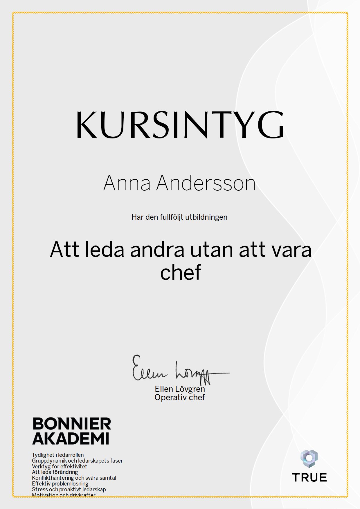 Exempel: diplom för Att leda andra utan att vara chef från Bonnier Akademi