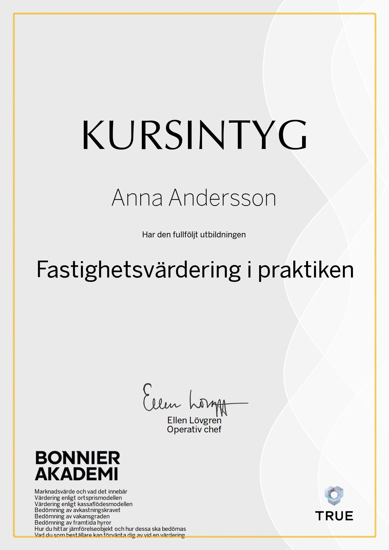 Exempel: diplom för Fastighetsvärdering i praktiken från Bonnier Akademi
