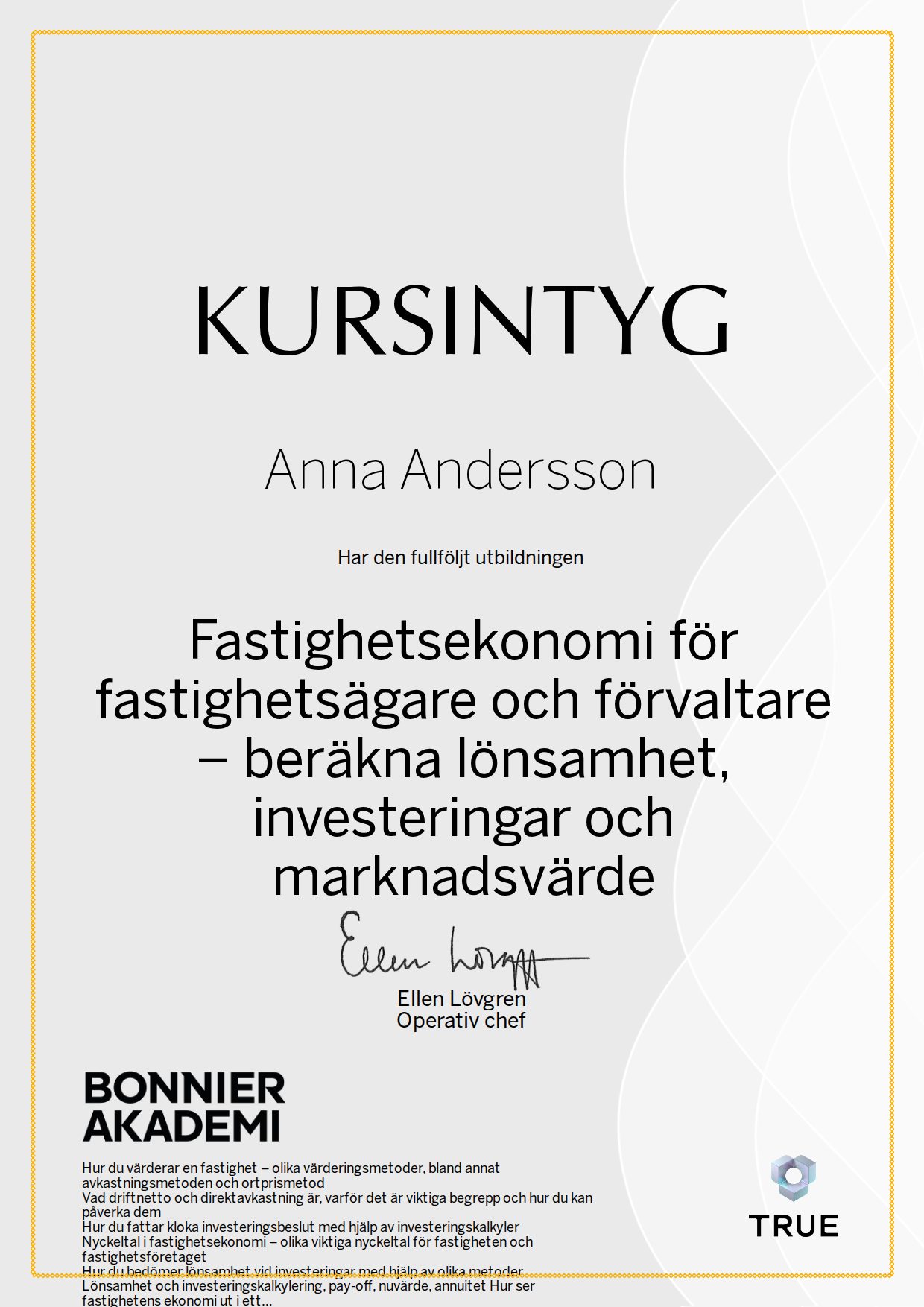 Example certificate for Property Economics for Property Owners and Managers: Calculate Profitability, Investments and Market Value from Bonnier Akademi