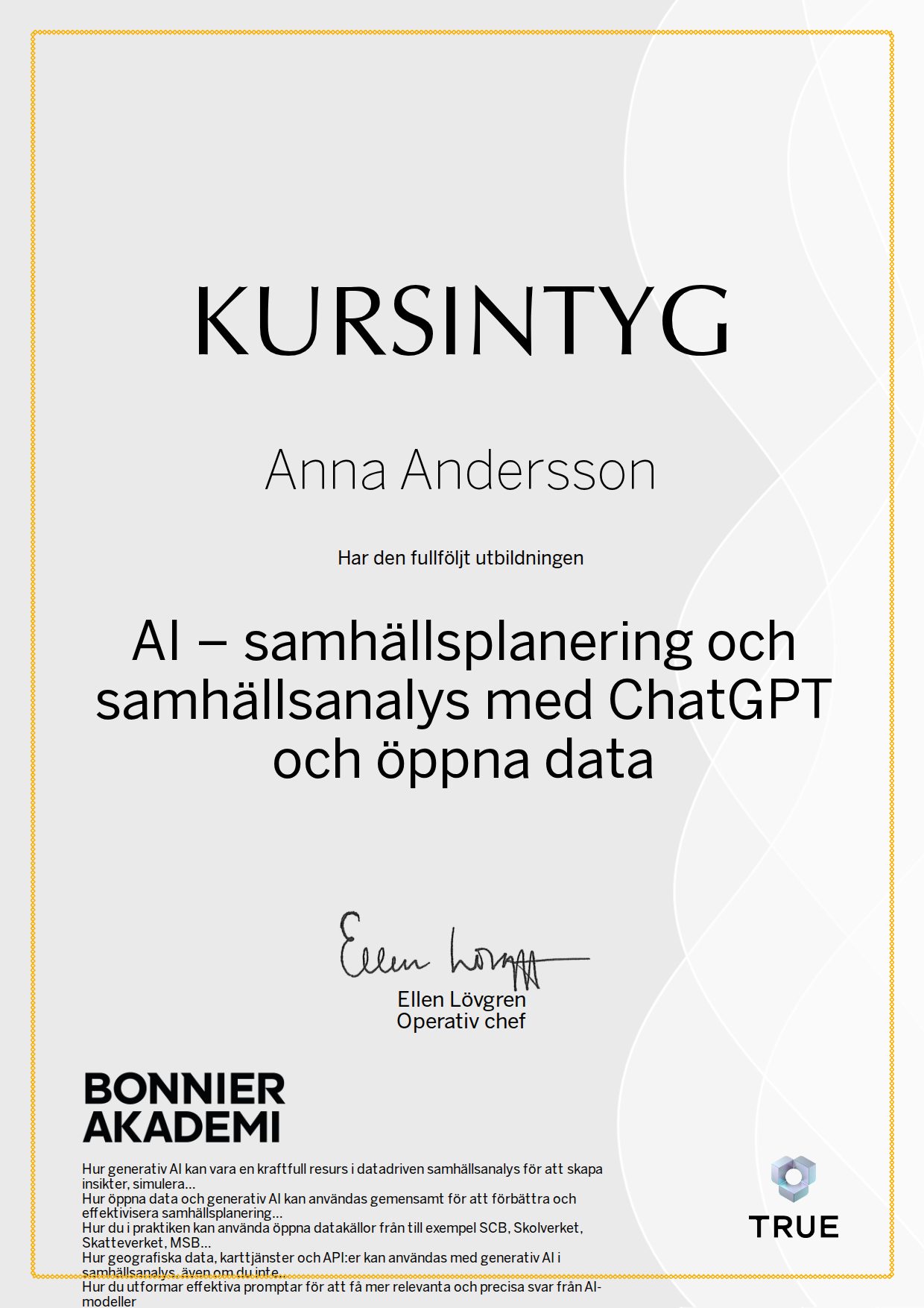 Exempel: diplom för AI – samhällsplanering och samhällsanalys med ChatGPT och öppna data från Bonnier Akademi