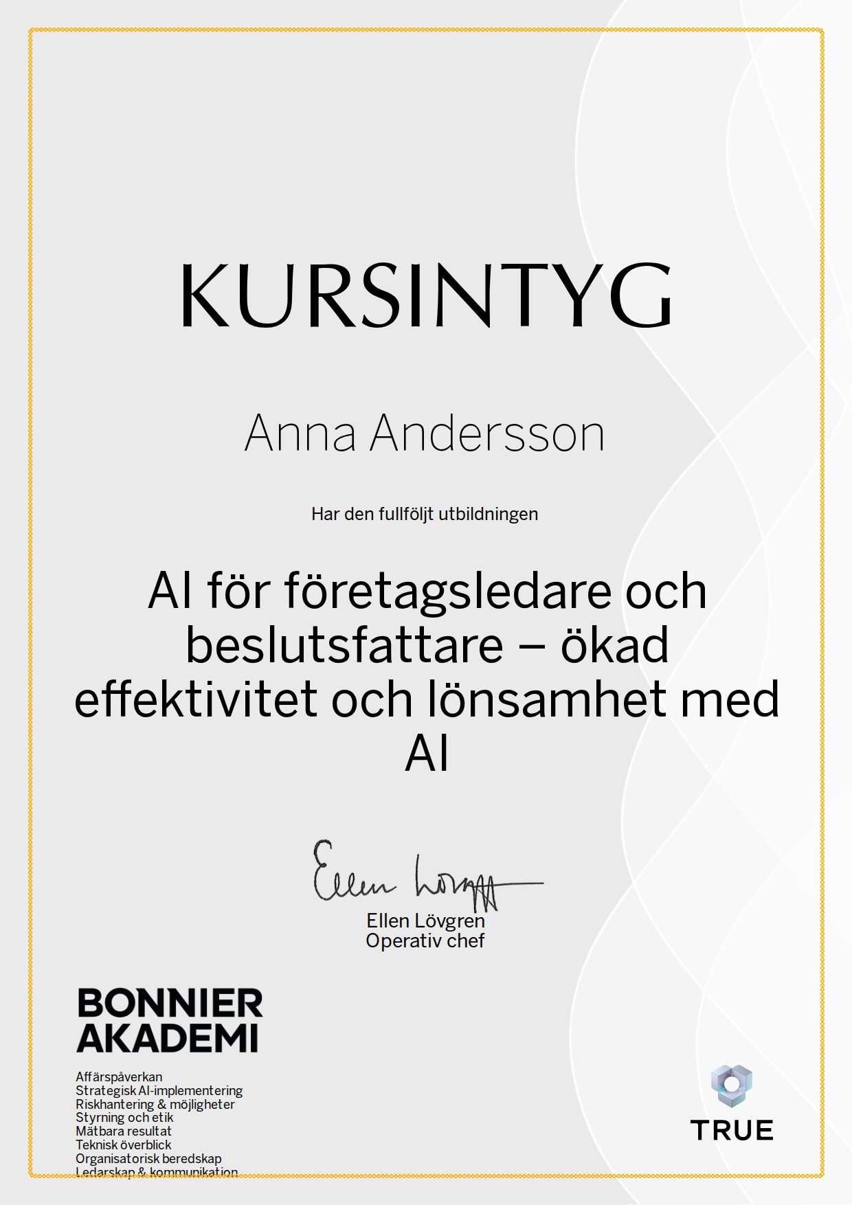 Exempel: diplom för AI för företagsledare och beslutsfattare – ökad effektivitet och lönsamhet med AI från Bonnier Akademi