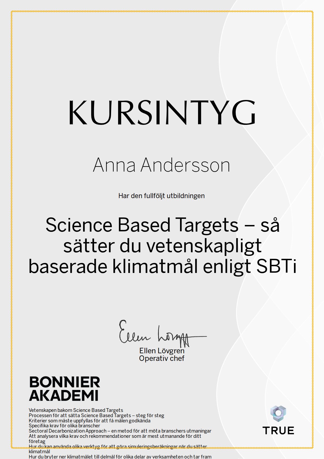Exempel: diplom för Science Based Targets – så sätter du vetenskapligt baserade klimatmål enligt SBTi från Bonnier Akademi