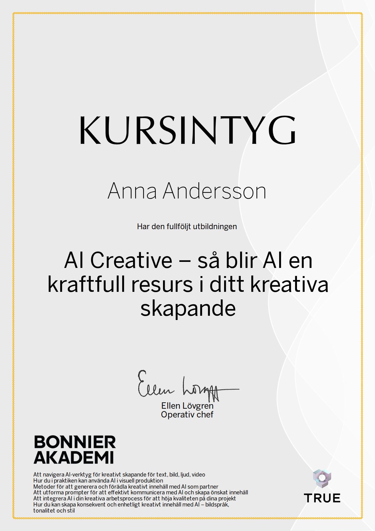 Exempel: diplom för AI Creative – så blir AI en kraftfull resurs i ditt kreativa skapande från Bonnier Akademi