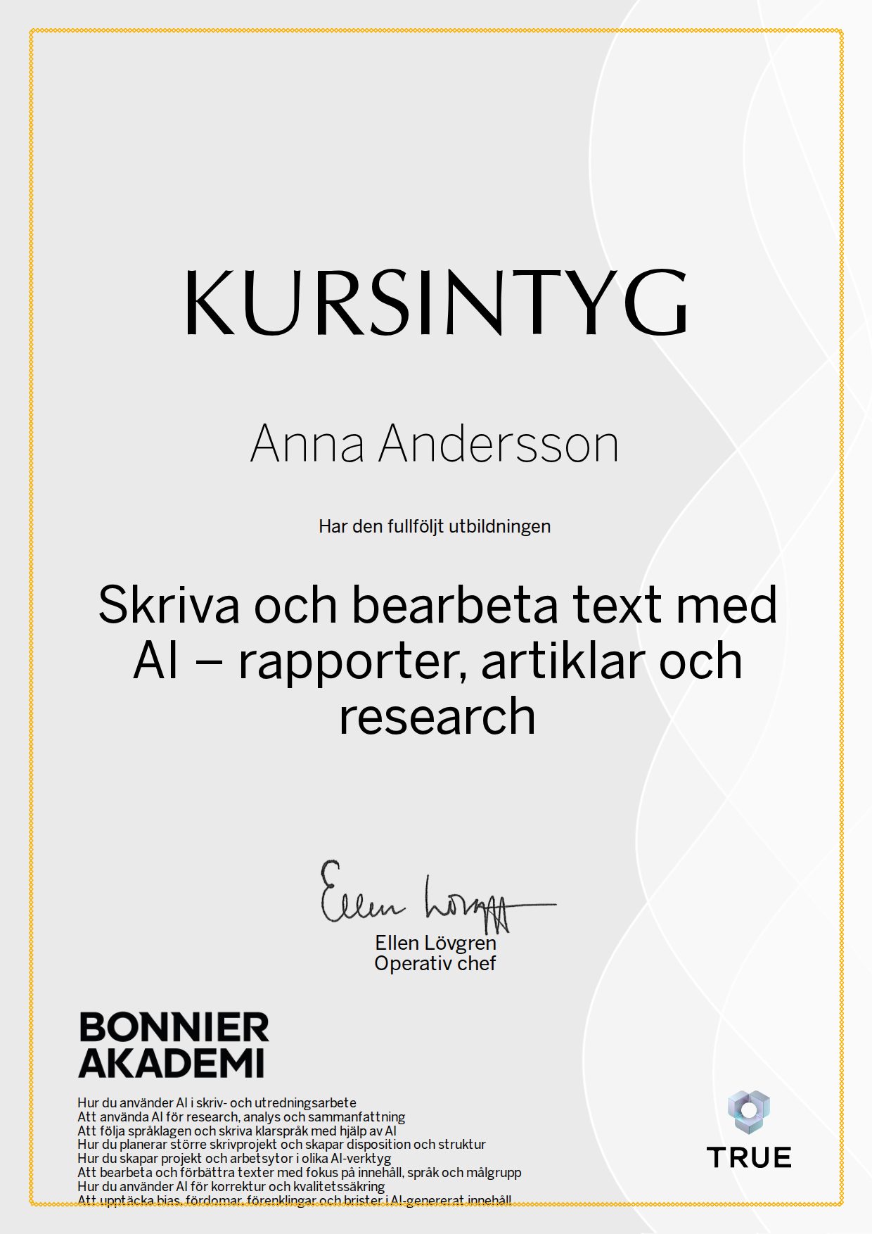 Exempel: diplom för Skriva och bearbeta text med AI – rapporter, artiklar och research från Bonnier Akademi