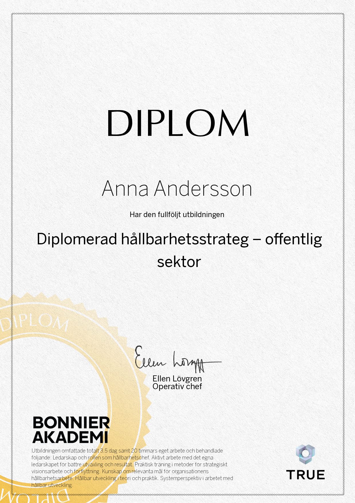Exempel: diplom för Diplomerad hållbarhetsstrateg – offentlig sektor från Bonnier Akademi