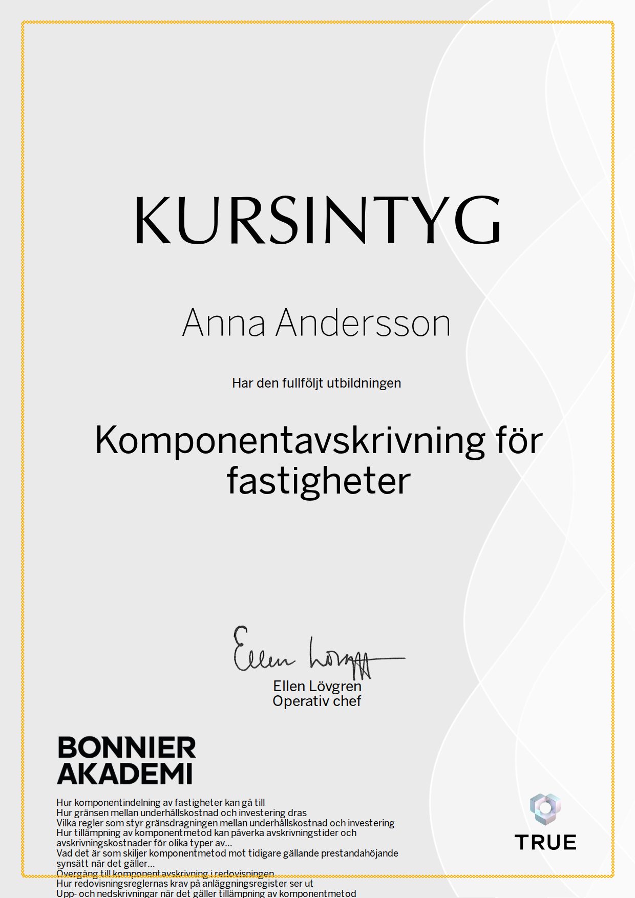 Example certificate for Component depreciation for properties from Bonnier Akademi