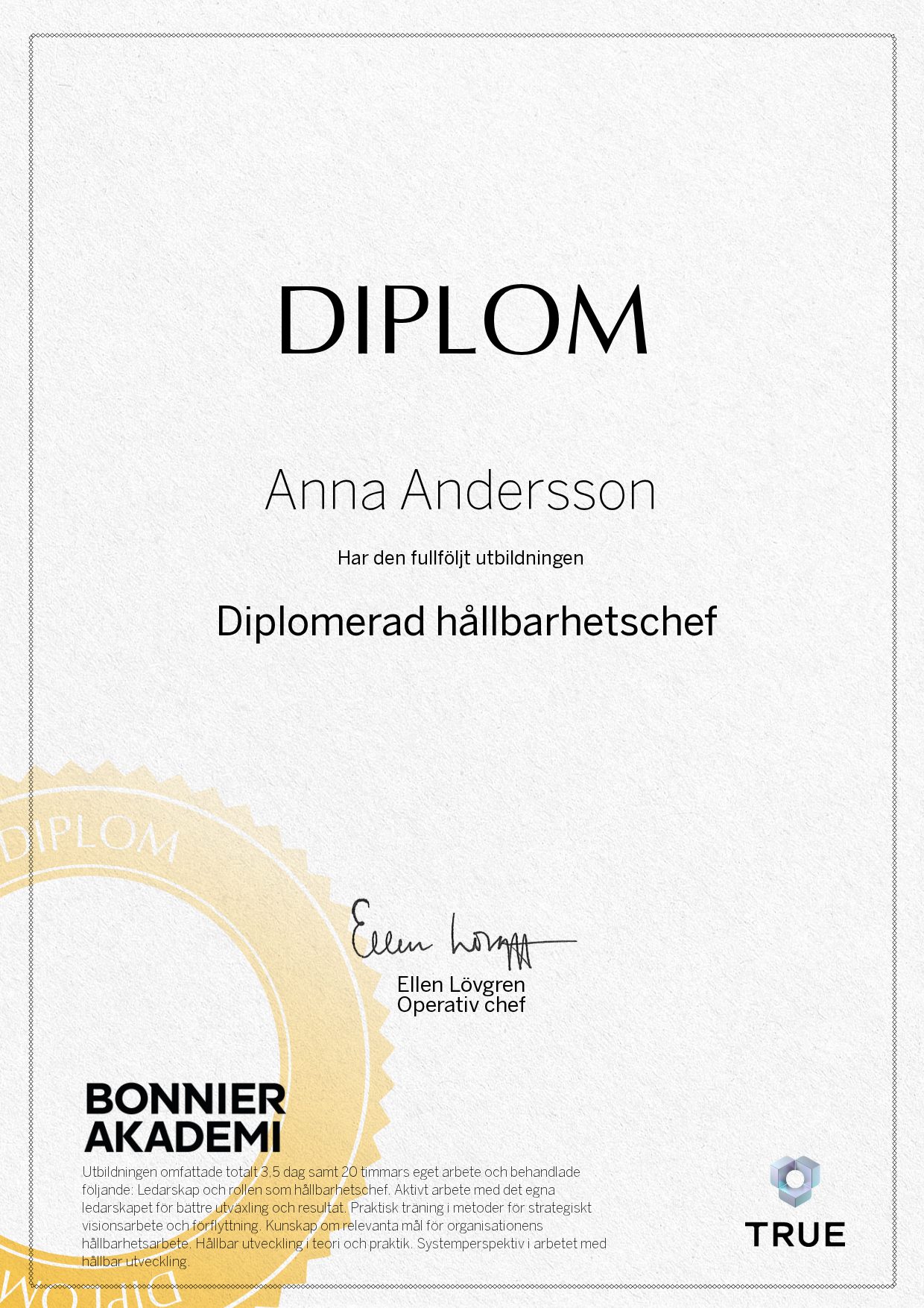 Exempel: diplom för Diplomerad hållbarhetschef från Bonnier Akademi