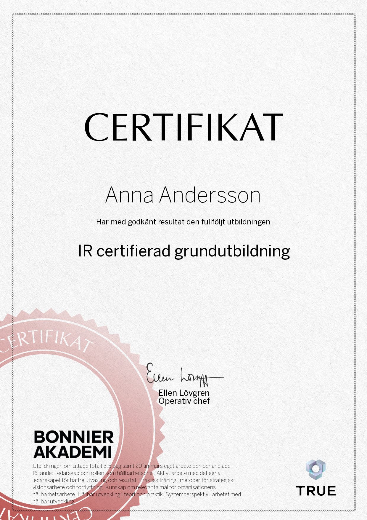 Example certificate for IR certified foundation course from Bonnier Akademi