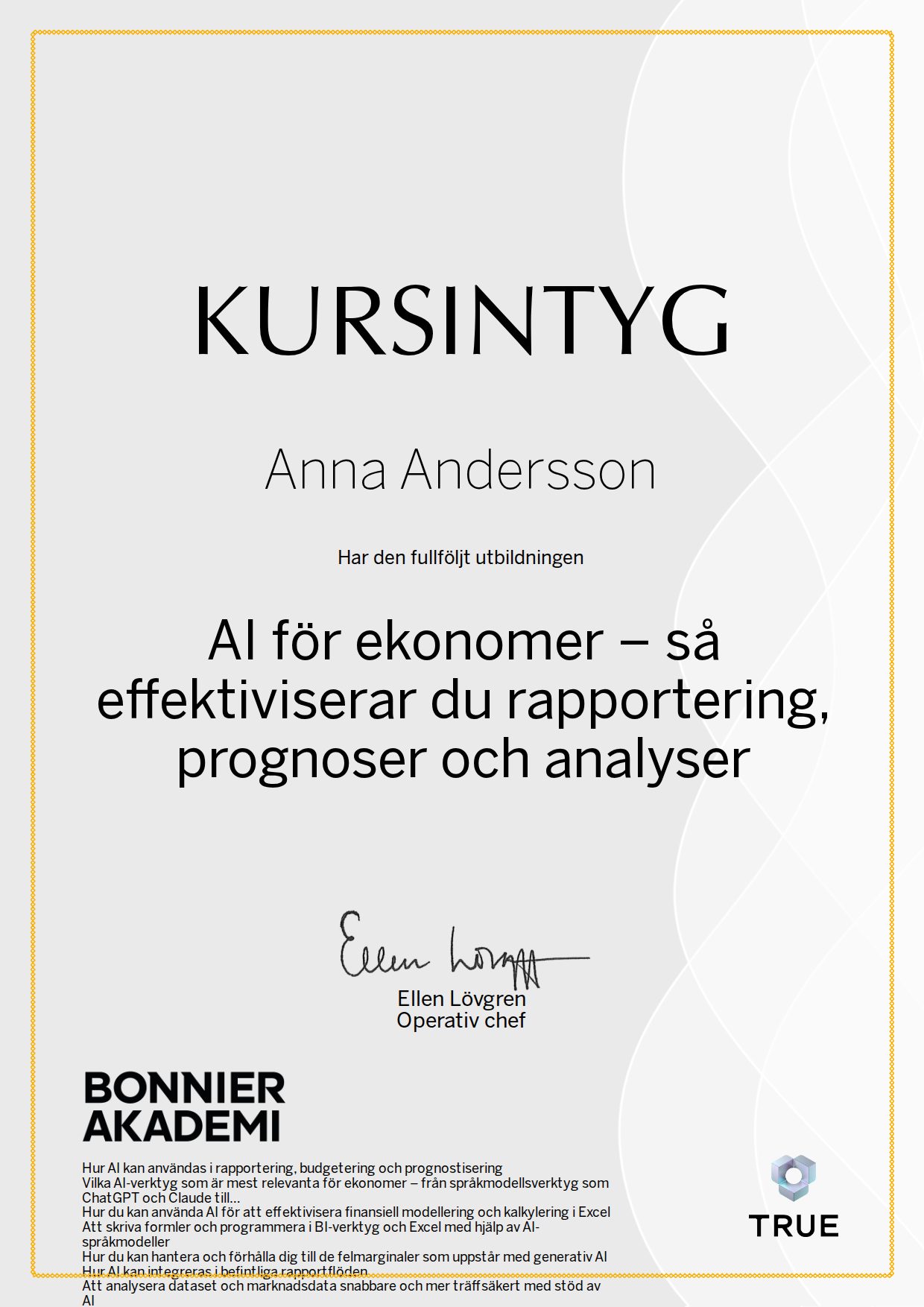 Exempel: diplom för AI för ekonomer – så effektiviserar du rapportering, prognoser och analyser från Bonnier Akademi