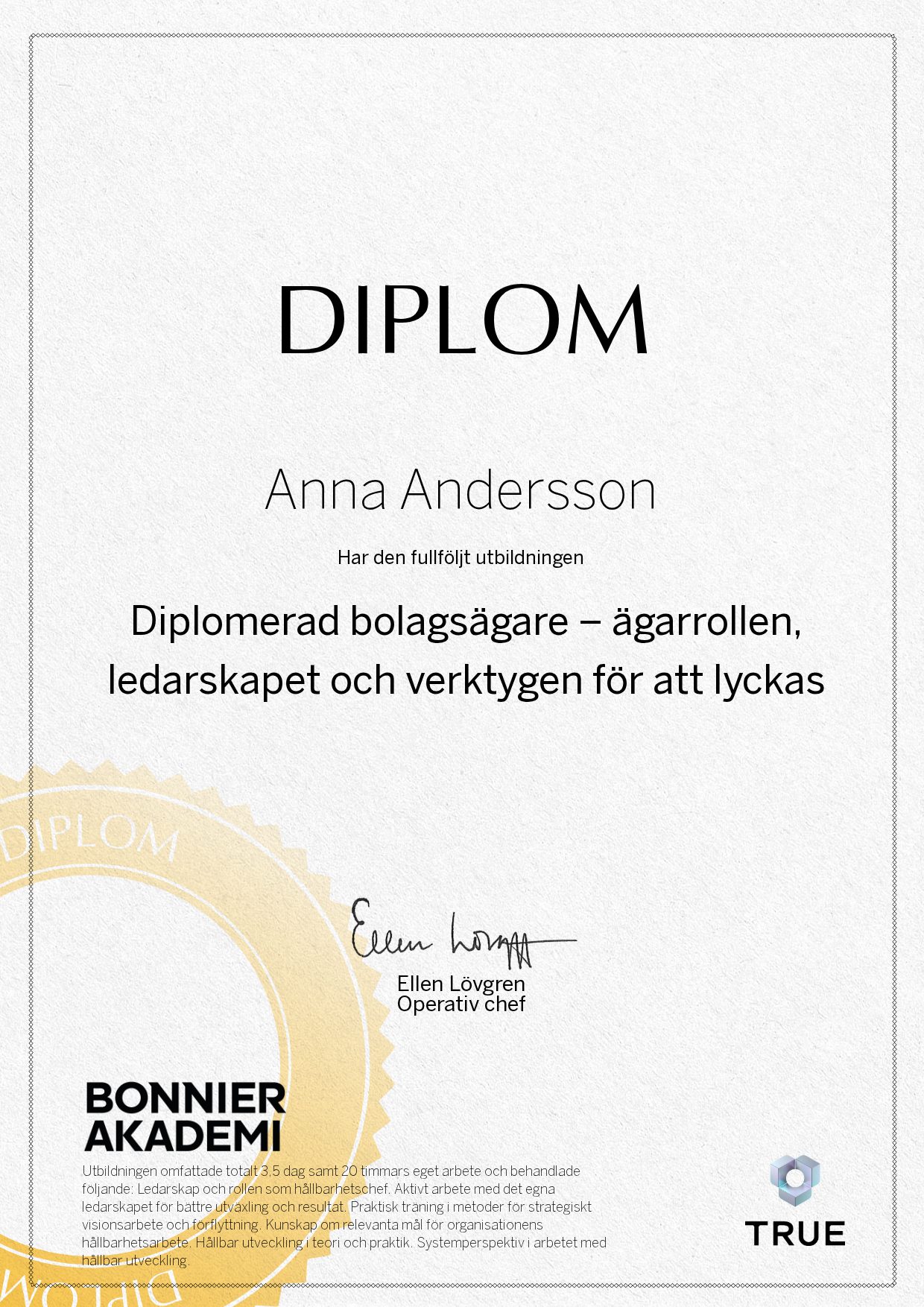 Example certificate for Company Owner Diploma: The Ownership Role, Leadership and the Tools for Success from Bonnier Akademi
