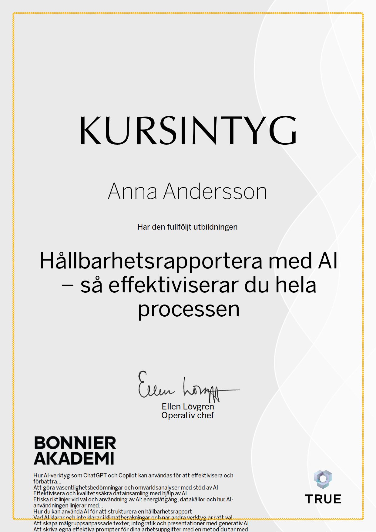 Exempel: diplom för Hållbarhetsrapportera med AI – så effektiviserar du hela processen från Bonnier Akademi